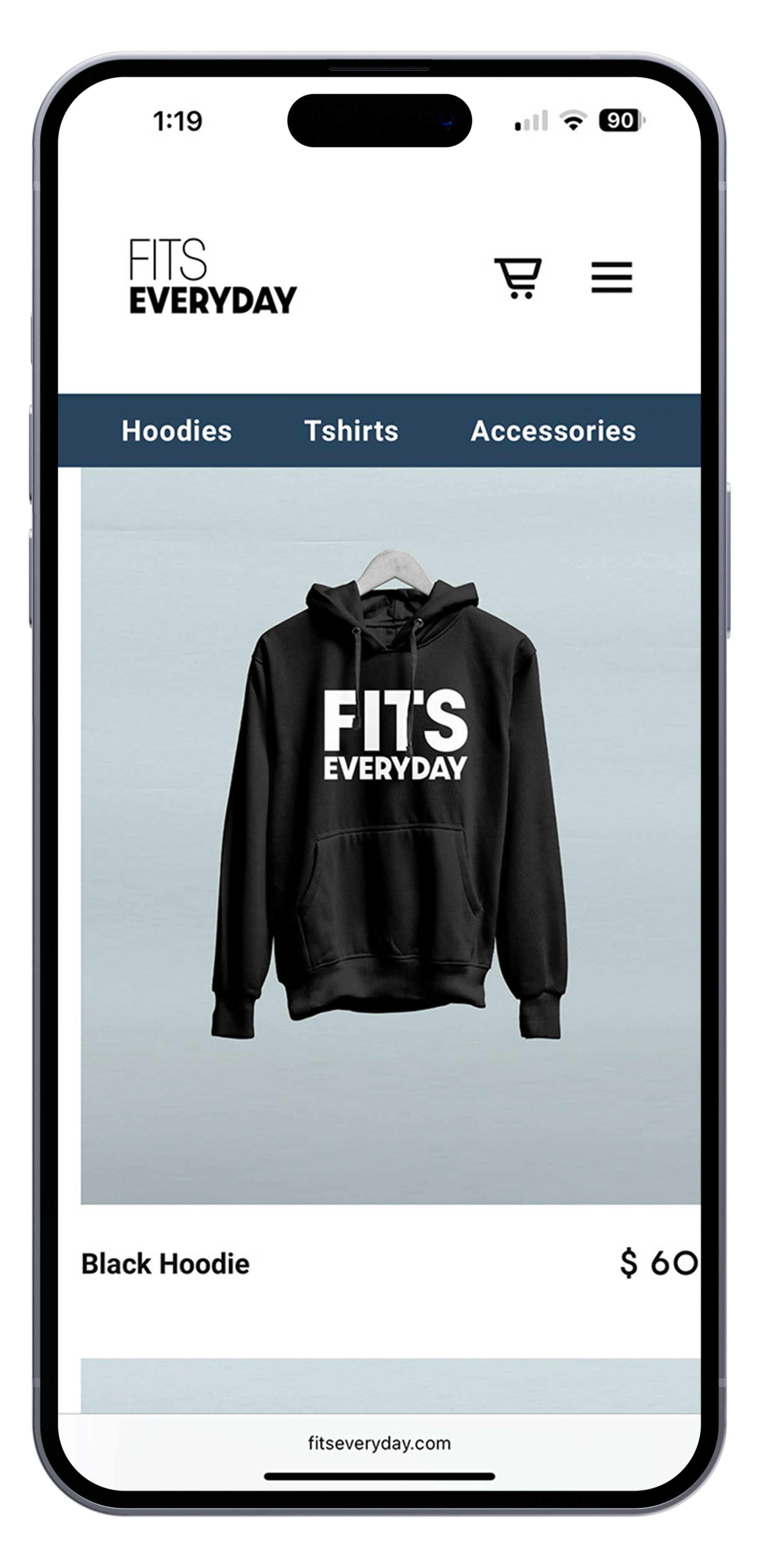 A screenshot of a mobile shopping app showing a black hoodie with the text 'FITS EVERYDAY' on the front, priced at $60. The app's website is fitseveryday.com.