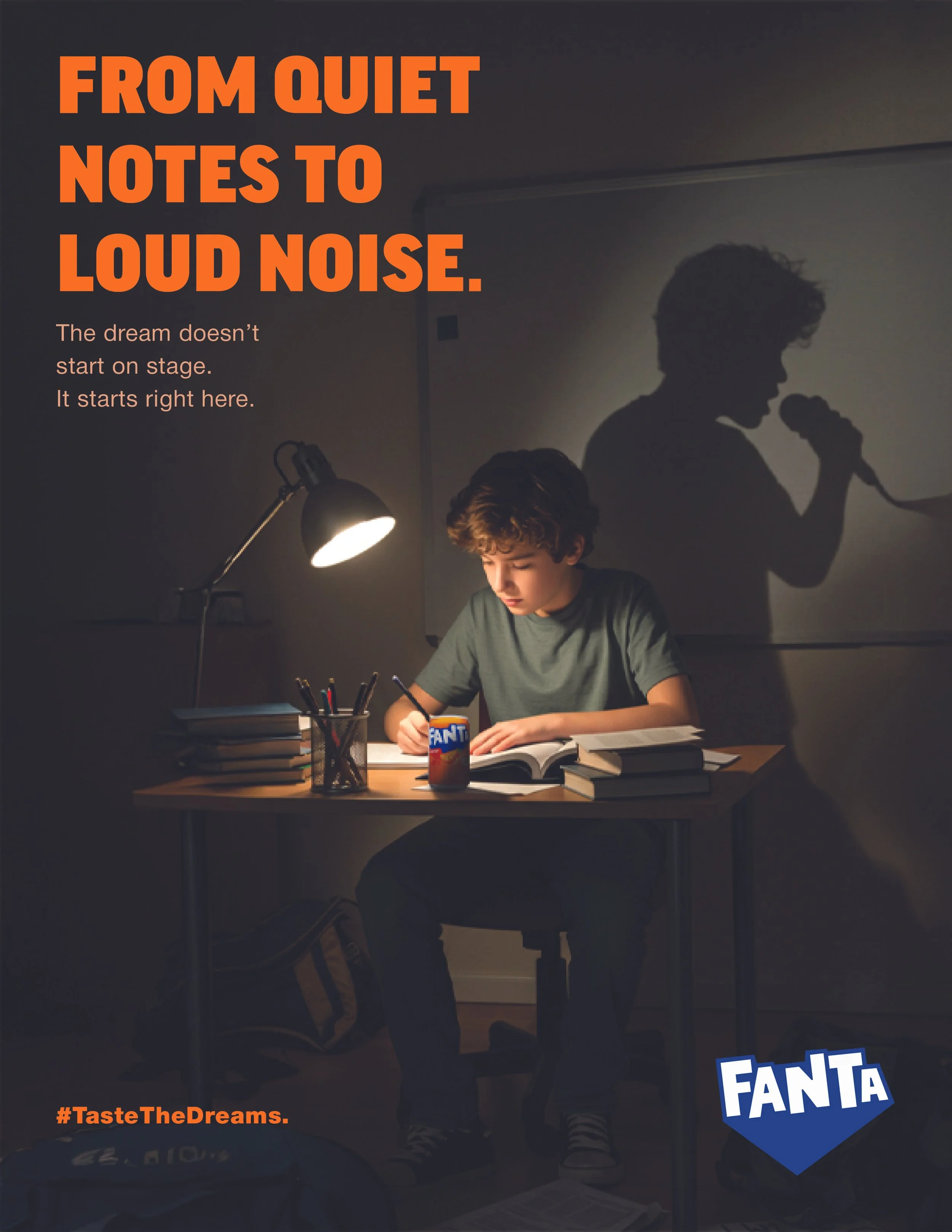 A young boy sitting at a desk studying with a desk lamp illuminating his workspace. The boy appears to be focused on his books and is holding a Fanta soda can. His shadow, cast by the lamp, shows him holding a microphone, suggesting a transition from quiet studying to loud noise, symbolized by the text 'From Quiet Notes to Loud Noise.' The background includes a whiteboard.