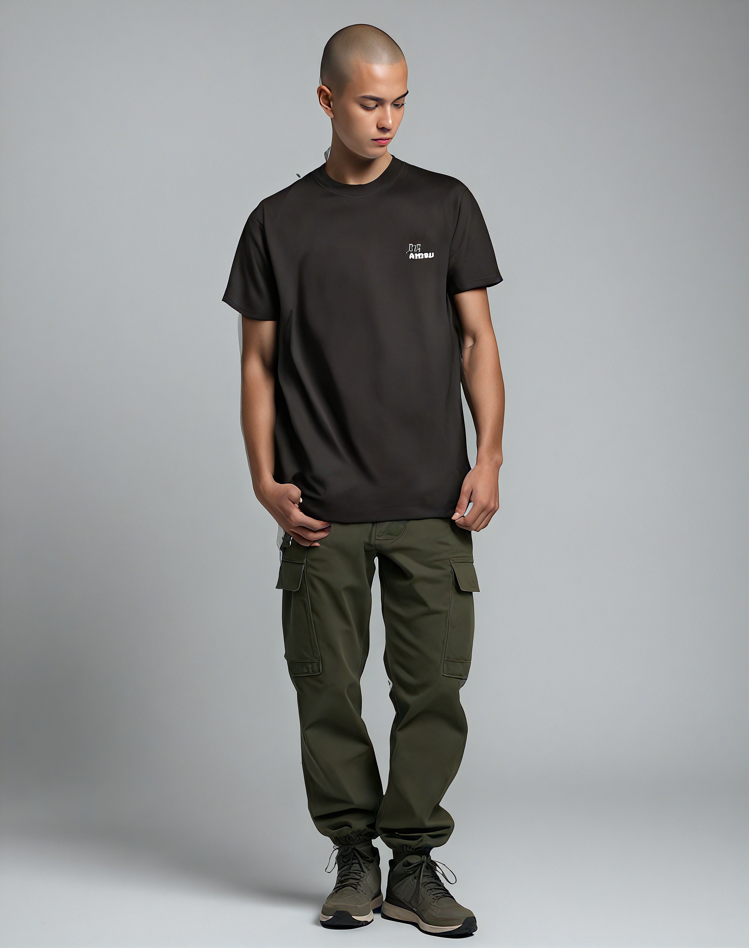 A young person with a shaved head wearing a black t-shirt, olive cargo pants, and hiking boots against a plain grey background.