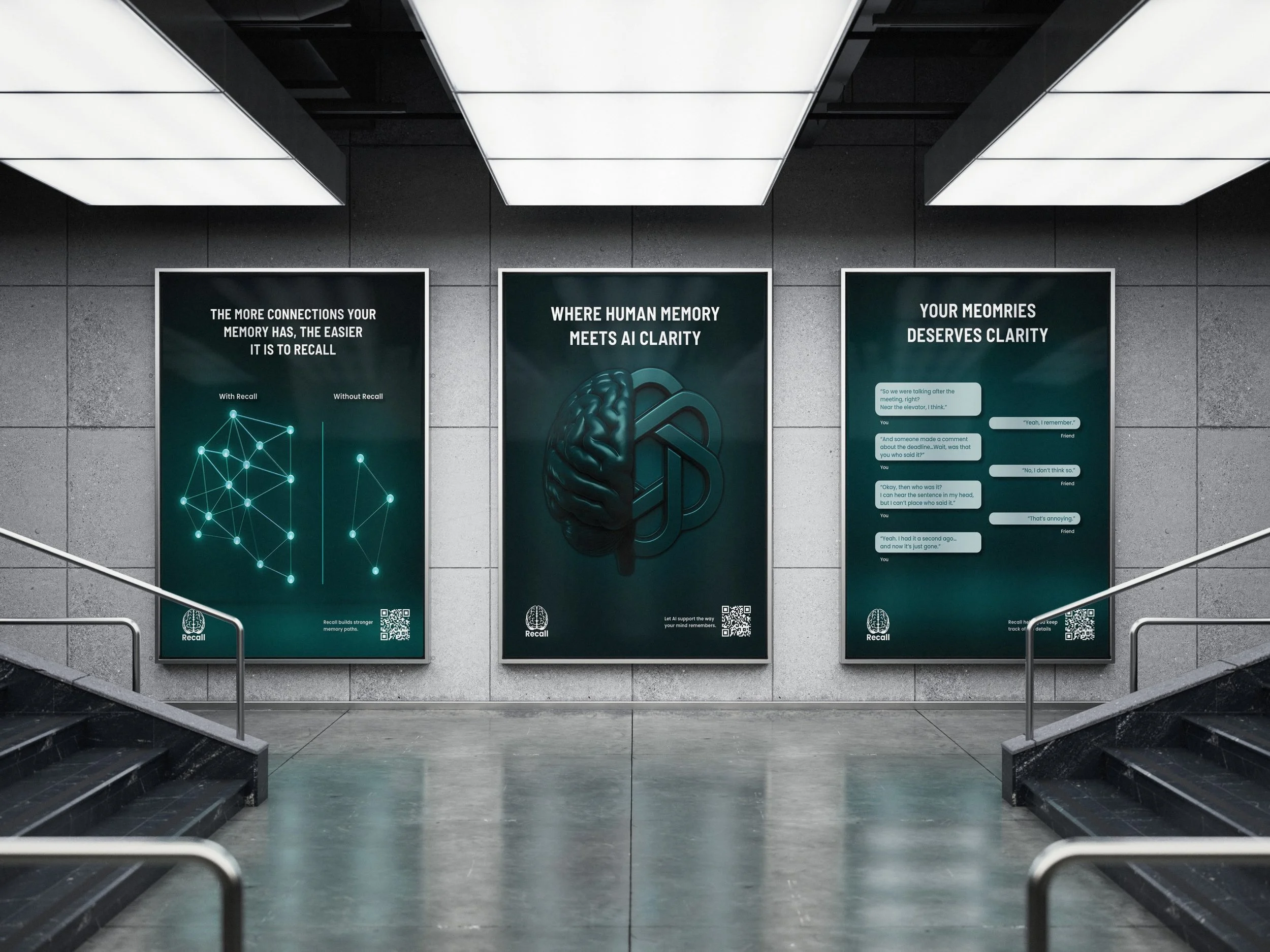 Three informational posters about memory and AI technology displayed on a gray wall in an underground setting with stairs and railings on both sides.