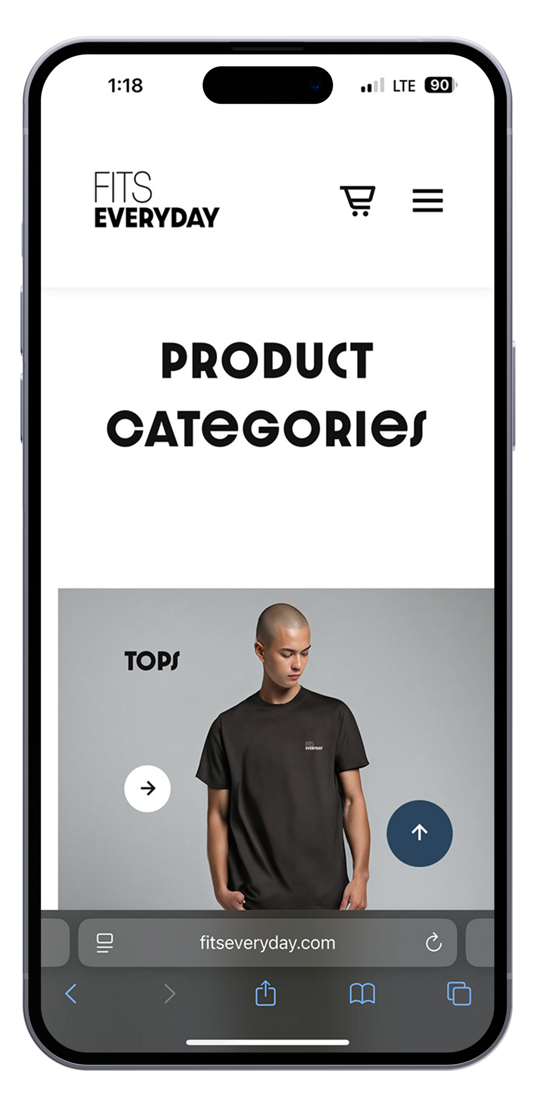 Mobile phone screen displaying a website with the text "Fit EveryDay" and "Product Categories," showing a woman wearing a black T-shirt with the website URL fitseveryday.com at the bottom.