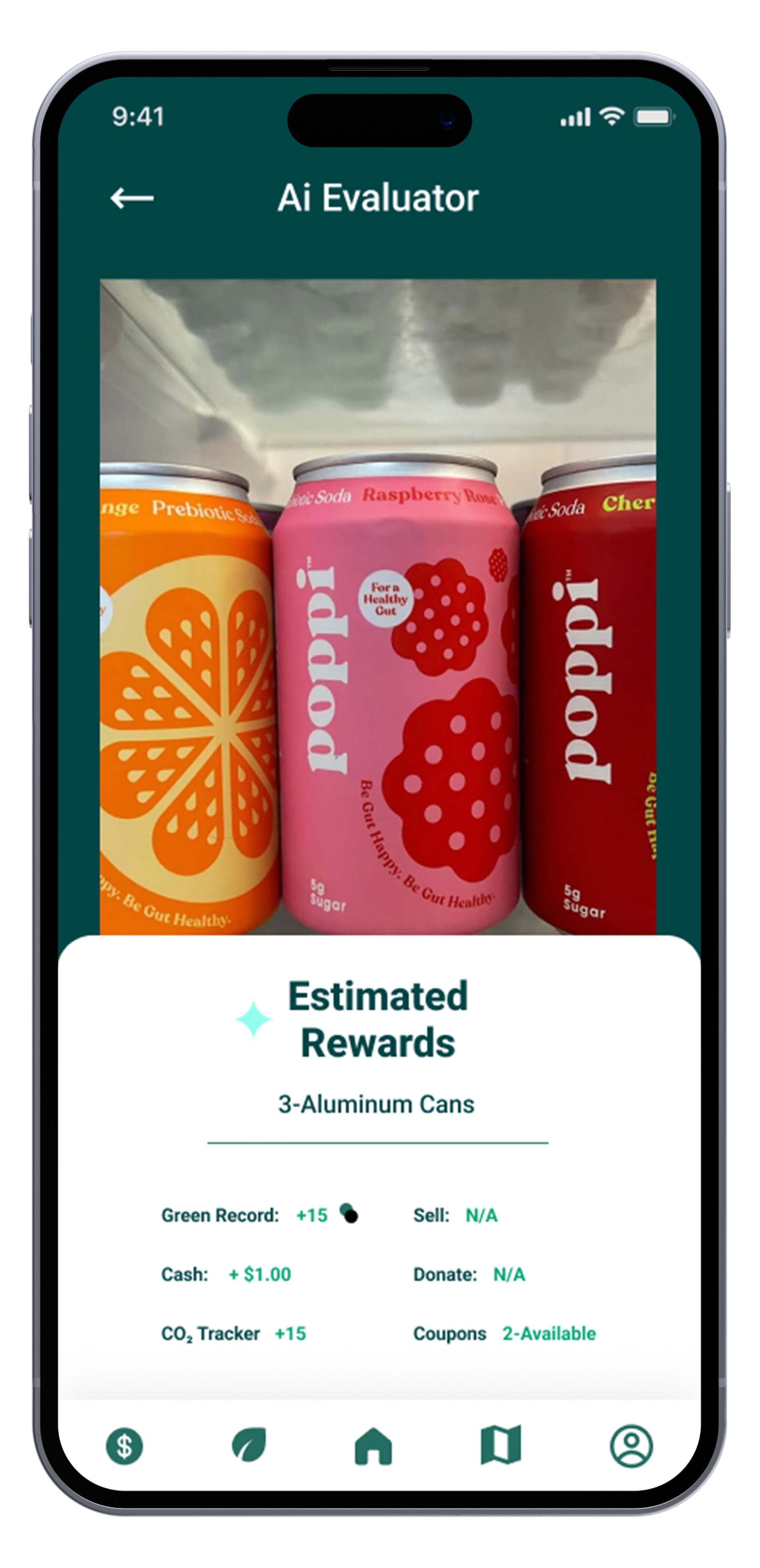 Mobile app screen displaying an AI evaluator for aluminum cans with a picture of three colorful cans and estimated rewards information.