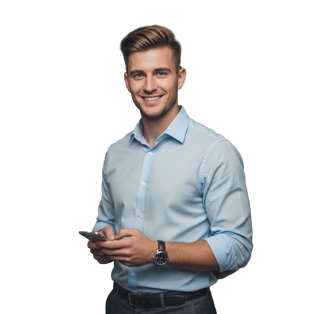 A young man with light brown hair, wearing a light blue dress shirt and a watch, smiling while holding a smartphone.