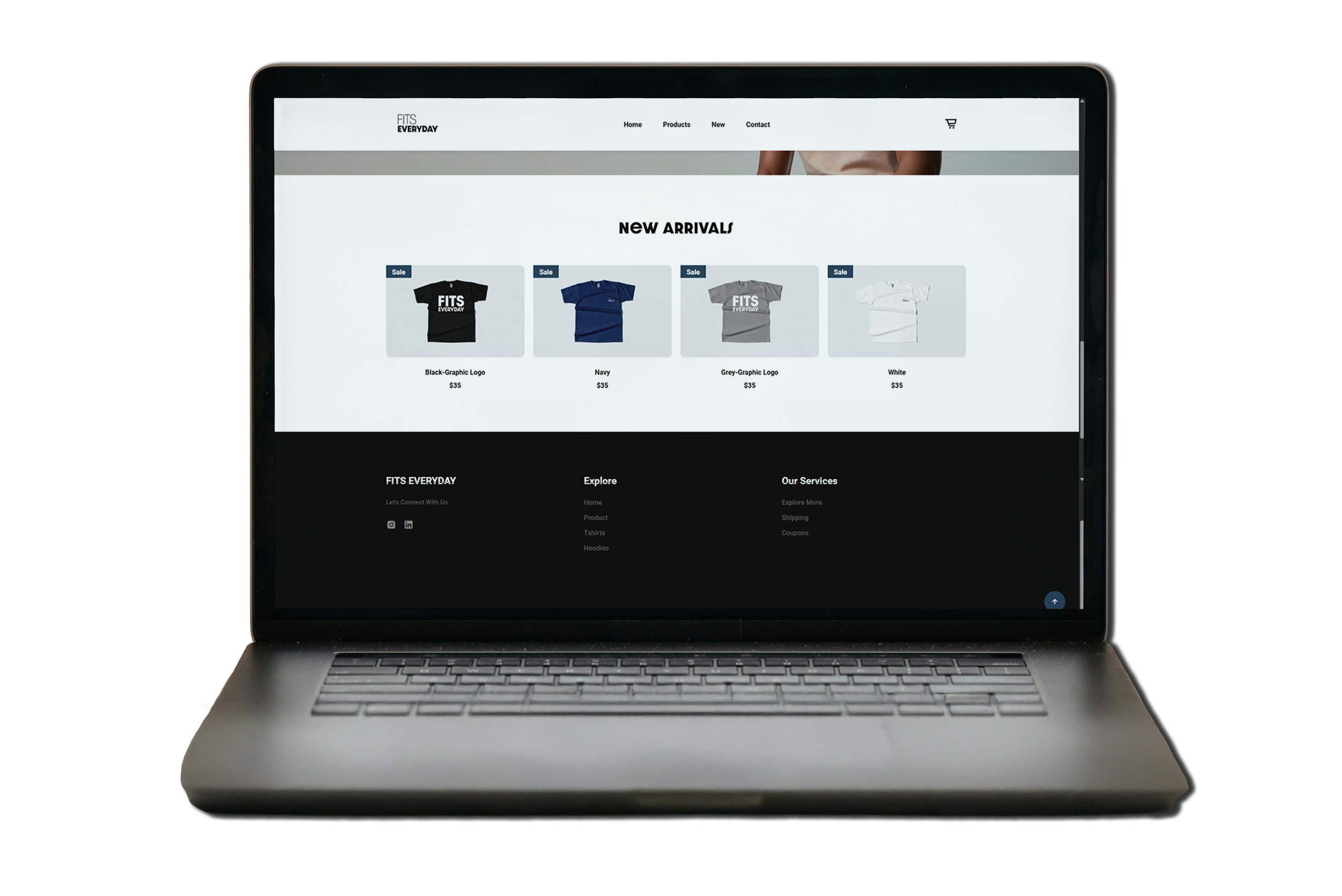 Laptop displaying an online clothing store webpage with new arrivals of t-shirts in black, navy, grey, and white.