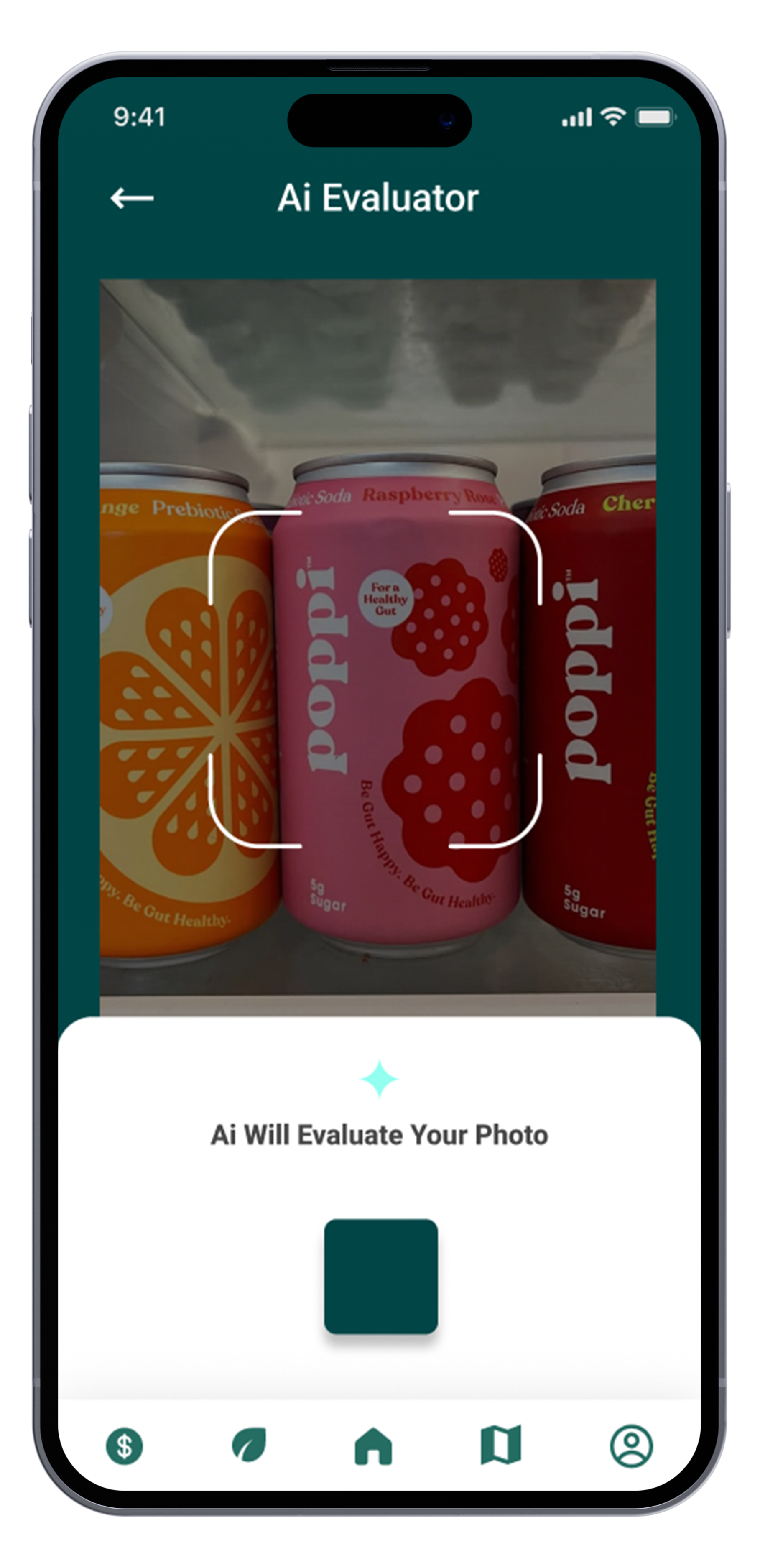 Mobile app screen showing a photo of cans of pop on a shelf, with the middle can labeled 'poppi' and flavored raspberry. The app is evaluating the photo with text 'AI Will Evaluate Your Photo' and has a home icon at the bottom.