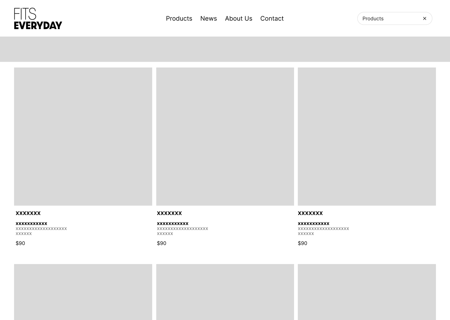 E-commerce website homepage showcasing products with placeholders for images, prices, and descriptions.