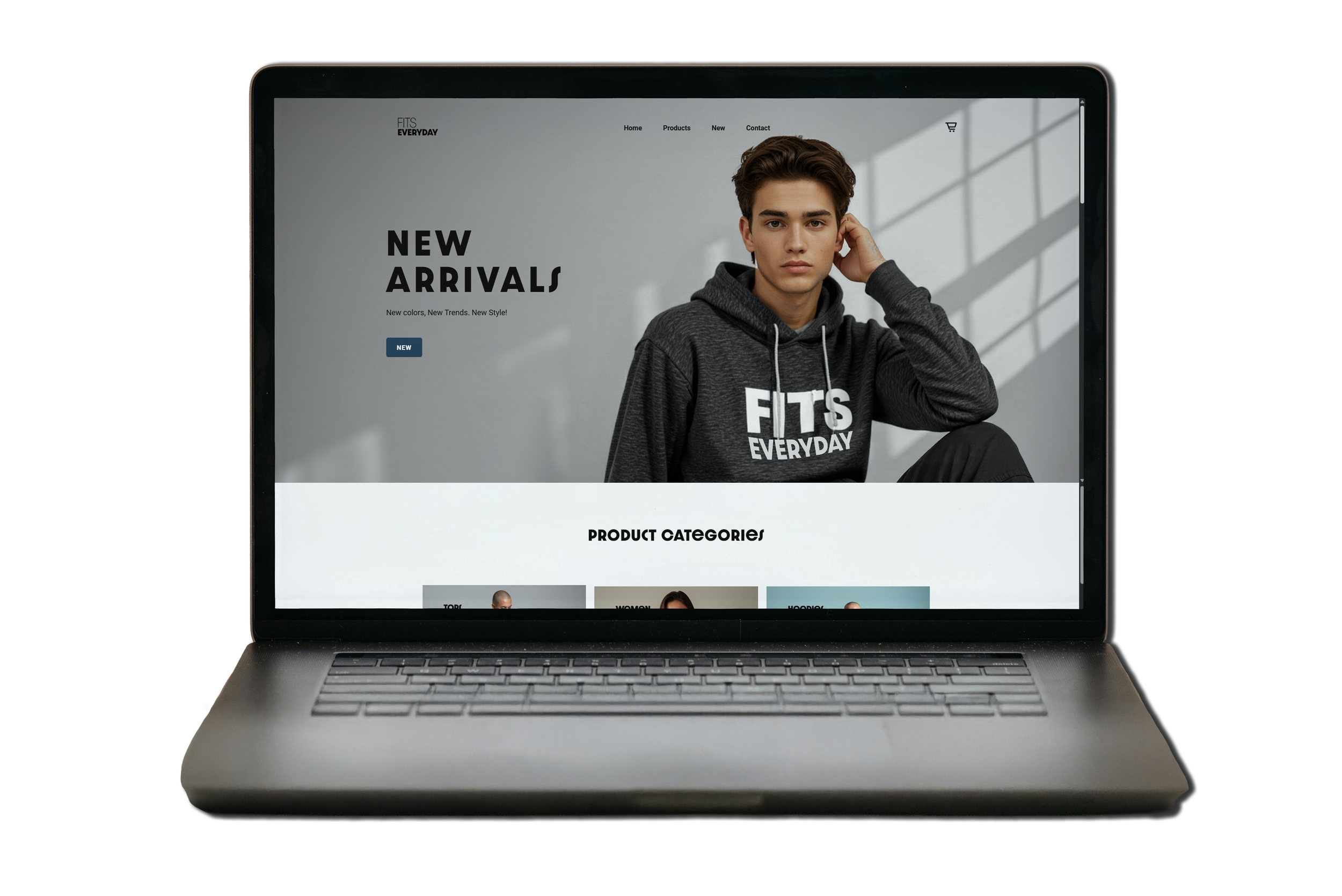 Laptop screen displaying an online clothing store with a young man wearing a hoodie, with prominent text 'New Arrivals' and product categories below.