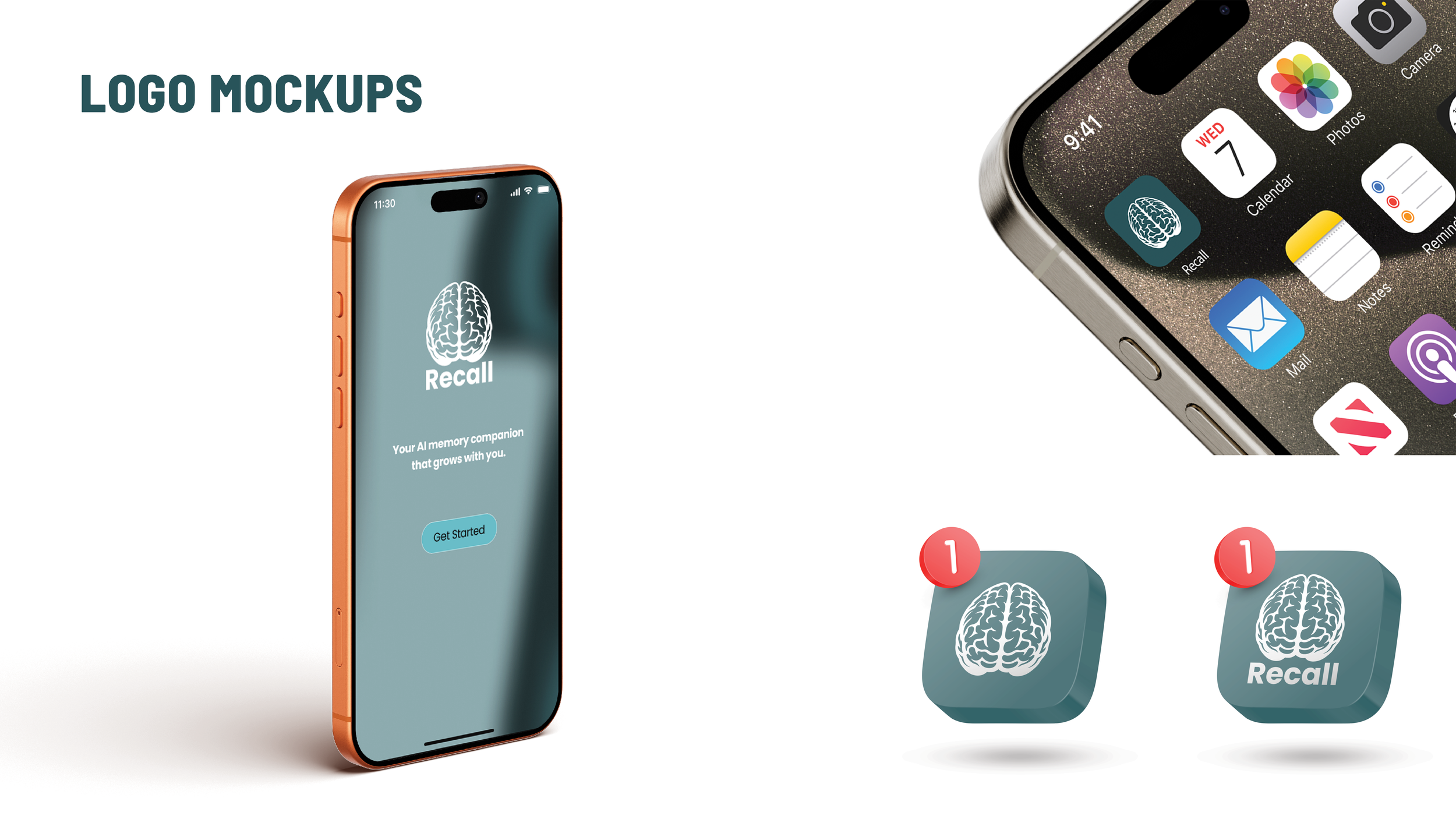 Mockup of a smartphone with a mental health app called Recall on the screen, showing an icon of a brain and the text "Your AI memory companion that grows with you," with a "Get Started" button. Additional icons of the Recall app are shown with notification badges.