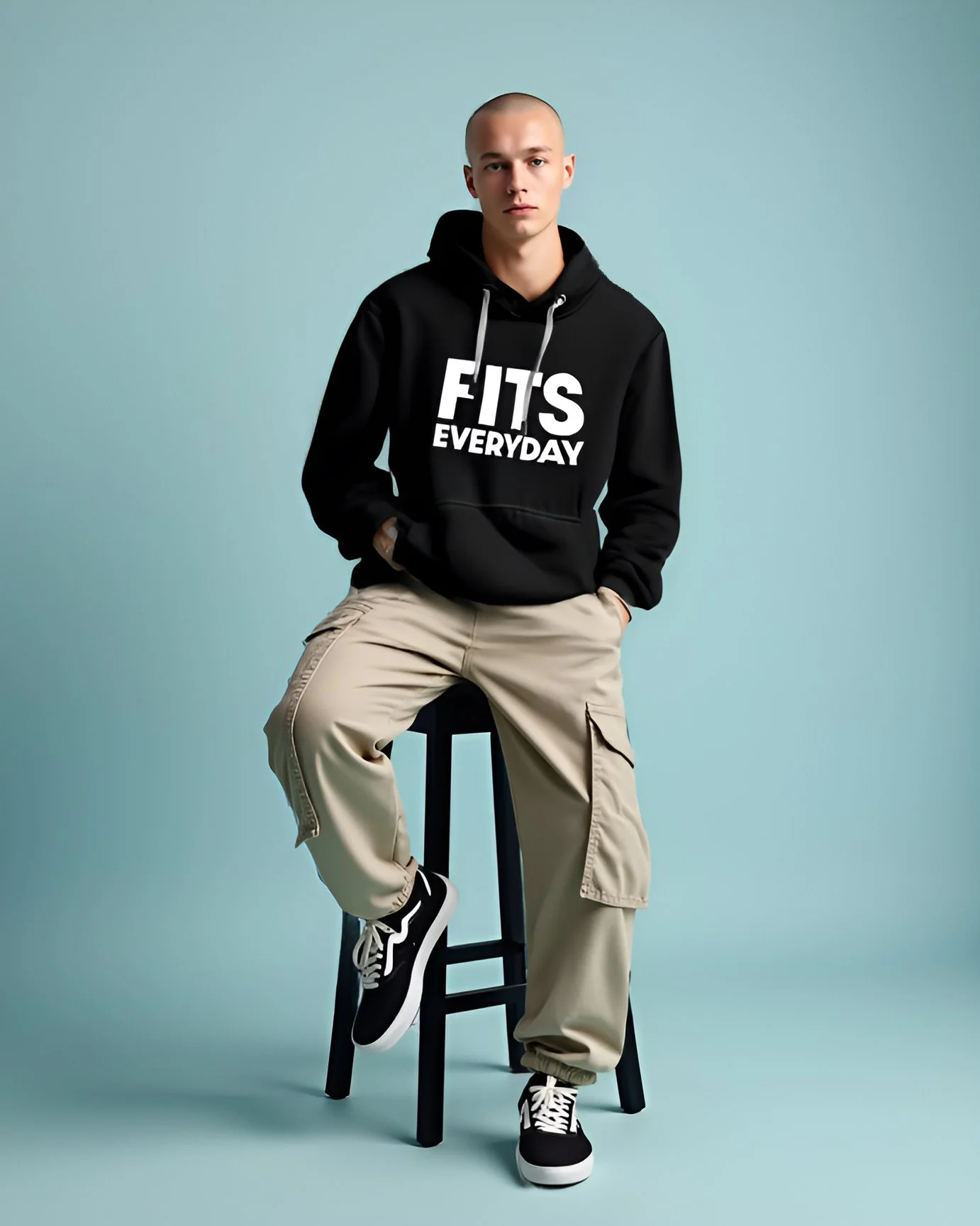 Young man wearing a black hoodie with the text 'FITS EVERYDAY' sitting on a black stool against a light blue background.