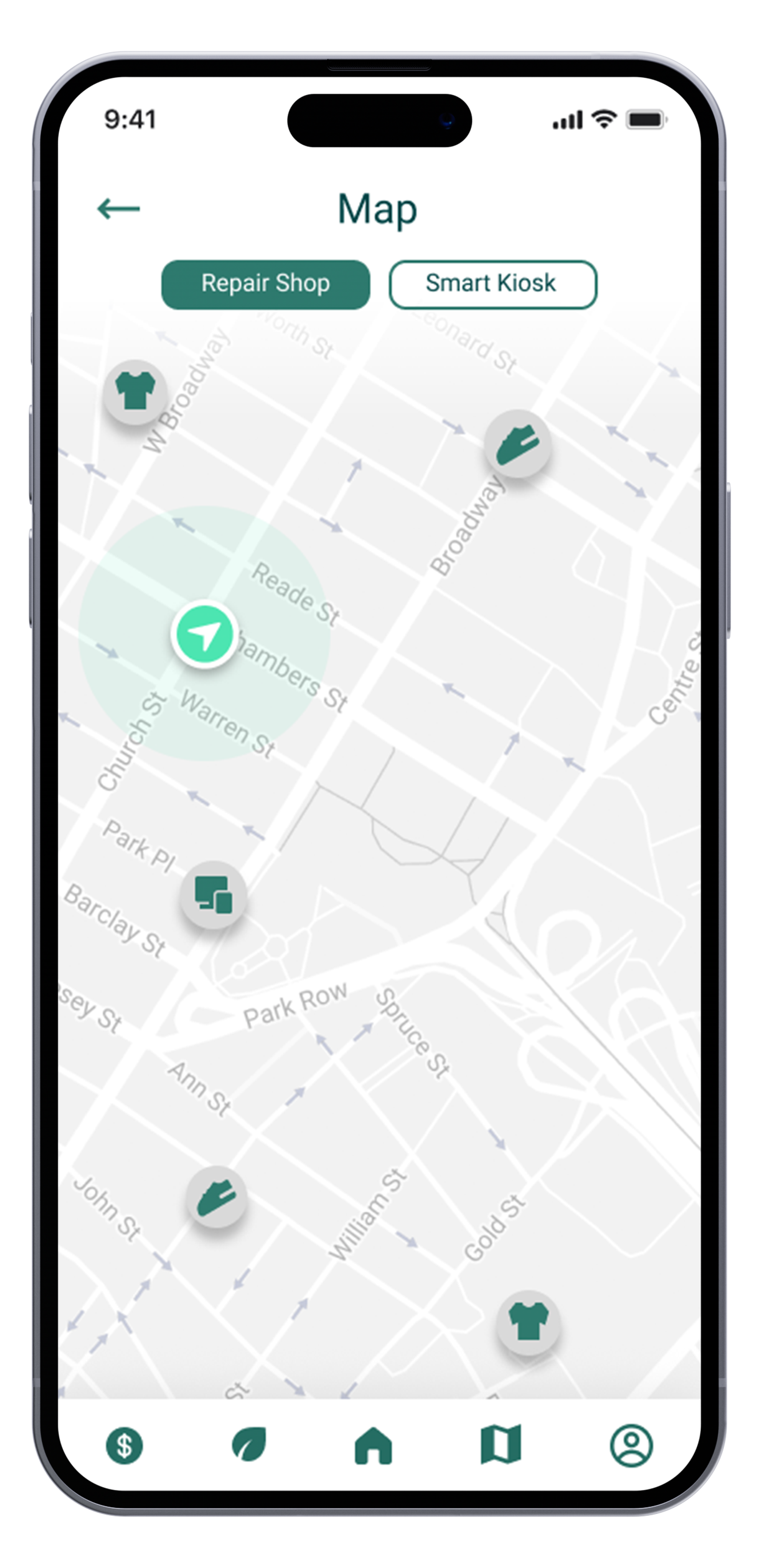 Mobile app map screen showing repair shops and smart kiosks along streets like Warren Street and Broadway, with navigation features and menu icons at the bottom.