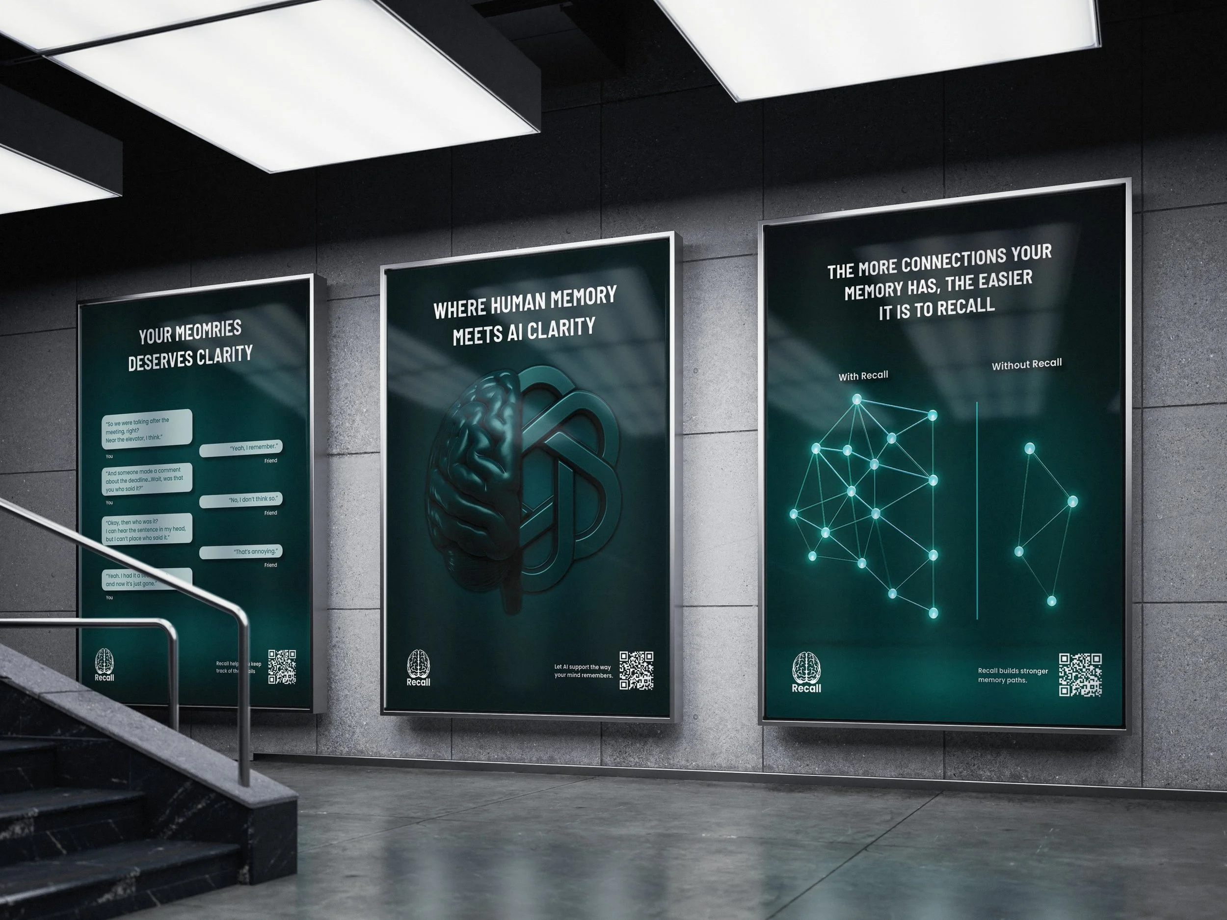 Three informational posters about memory and AI technology displayed on a wall in an indoor setting.