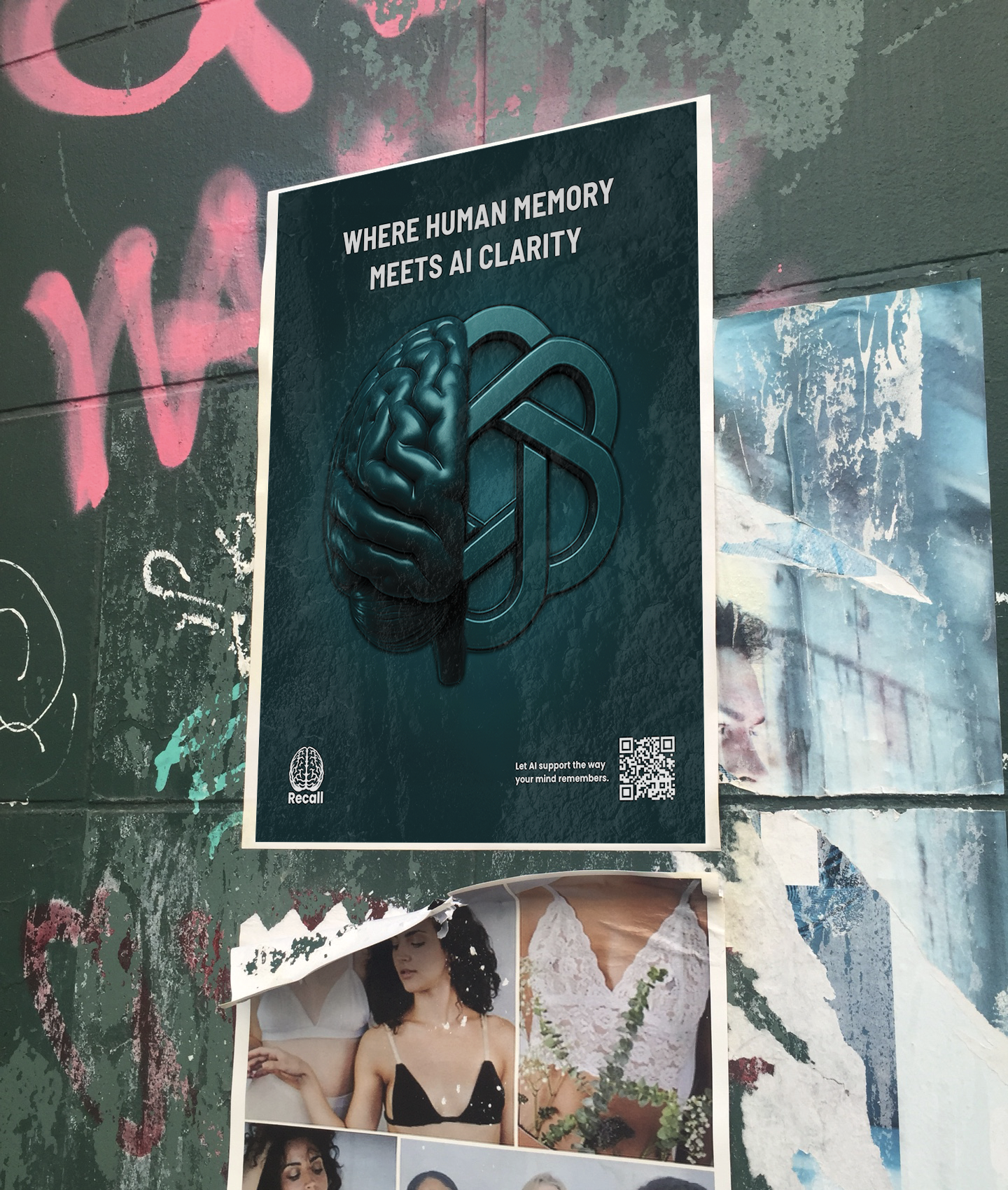 A poster on a wall that has the text "Where human memory meets AI clarity" and an image of a brain with a lock icon. There are graffiti and other posters on the wall.