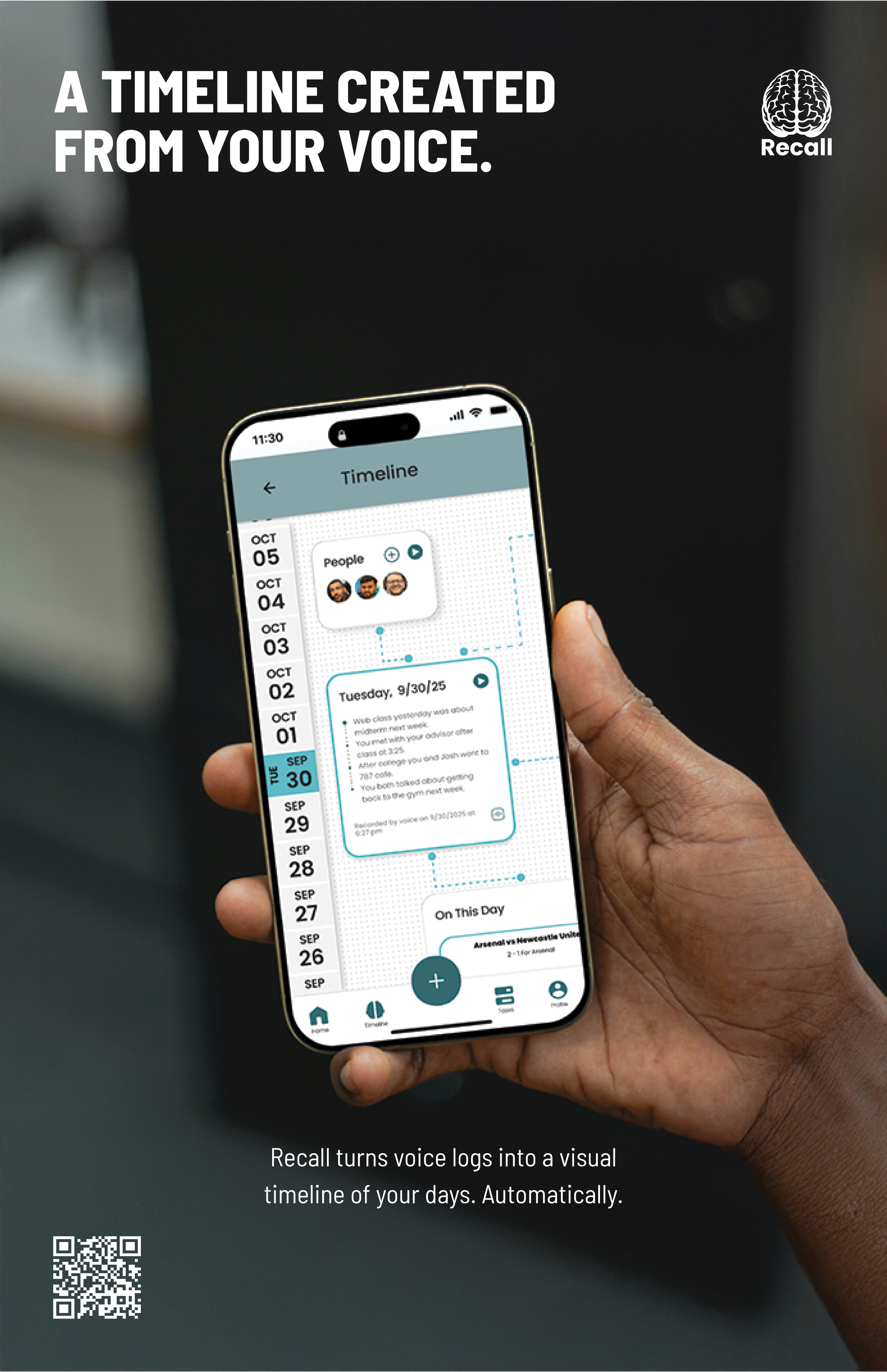 A hand holding a smartphone displaying an app with a visual timeline of voice logs and notes, with headings 'A TIMELINE CREATED FROM YOUR VOICE' and the Recall app logo in the top right corner.