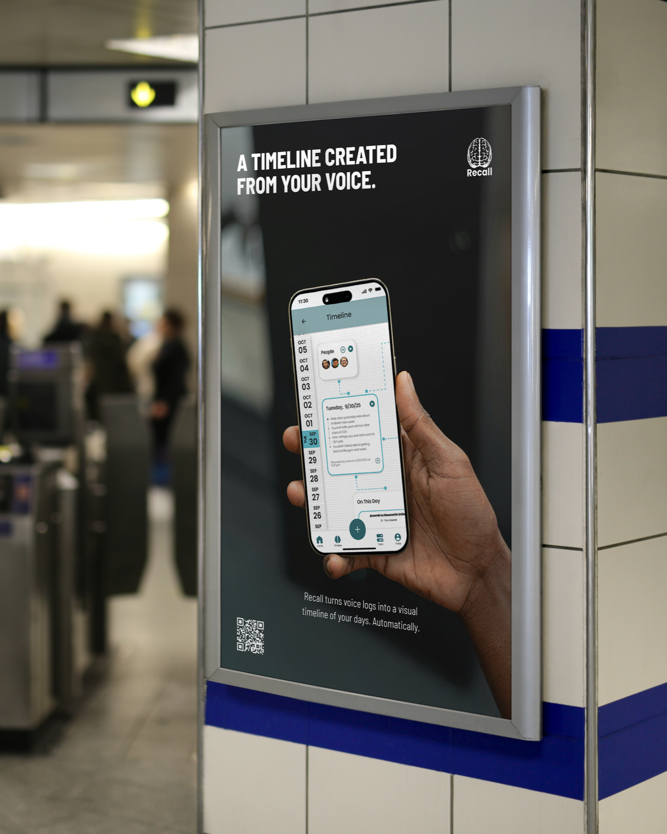 Post advertising a voice-to-visual timeline app called Recall in an airport setting.
