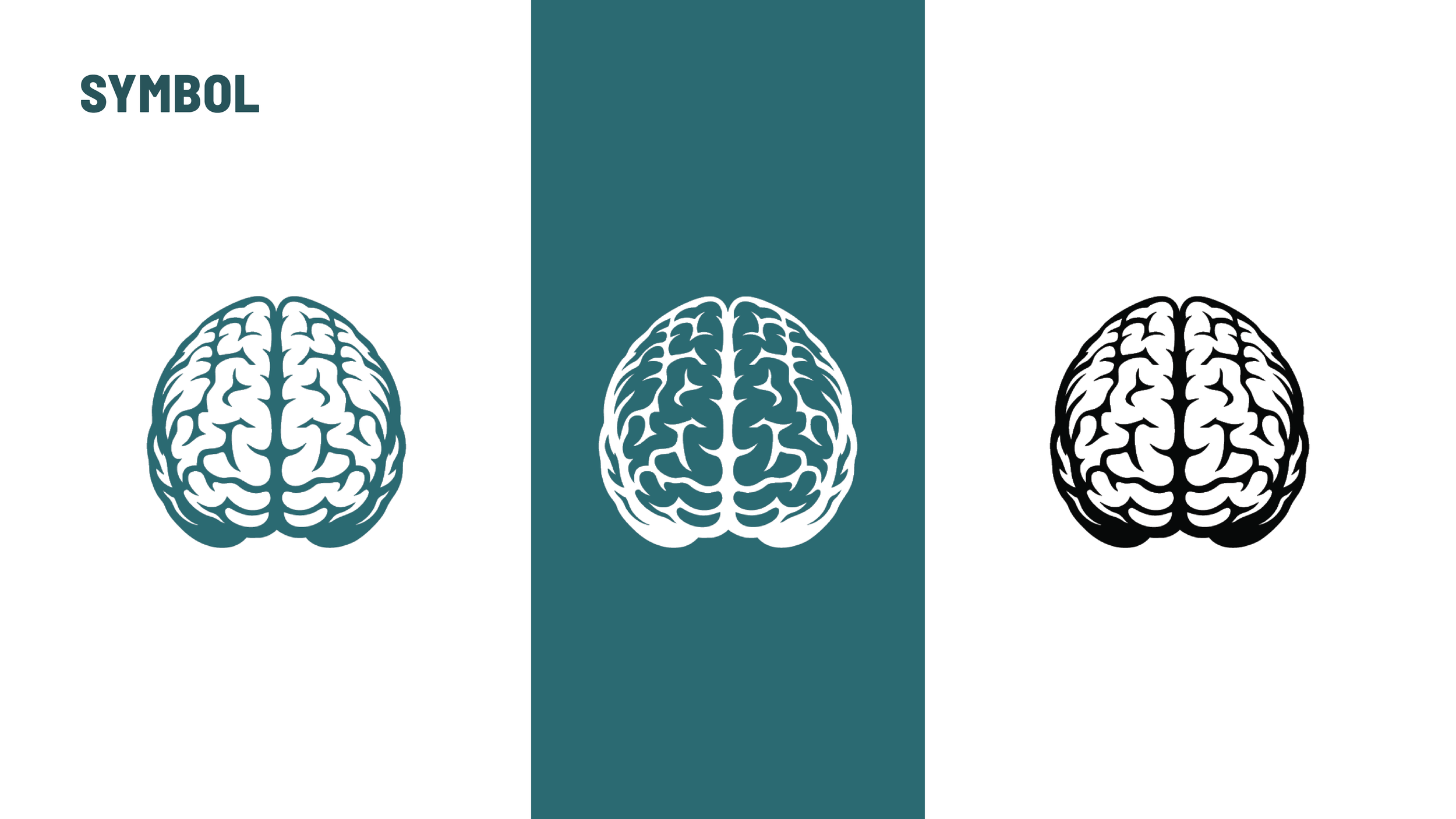 Graphic showing three images of a human brain in different colors, labeled as 'SYMBOL' on the left side.