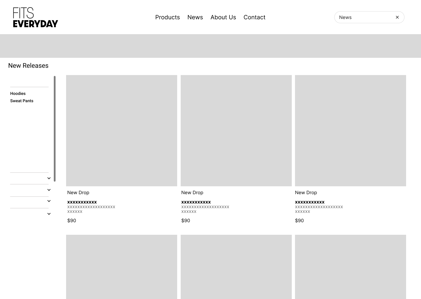 Webpage layout for sells clothing, with sections for new releases, product images, titles, description, and prices.