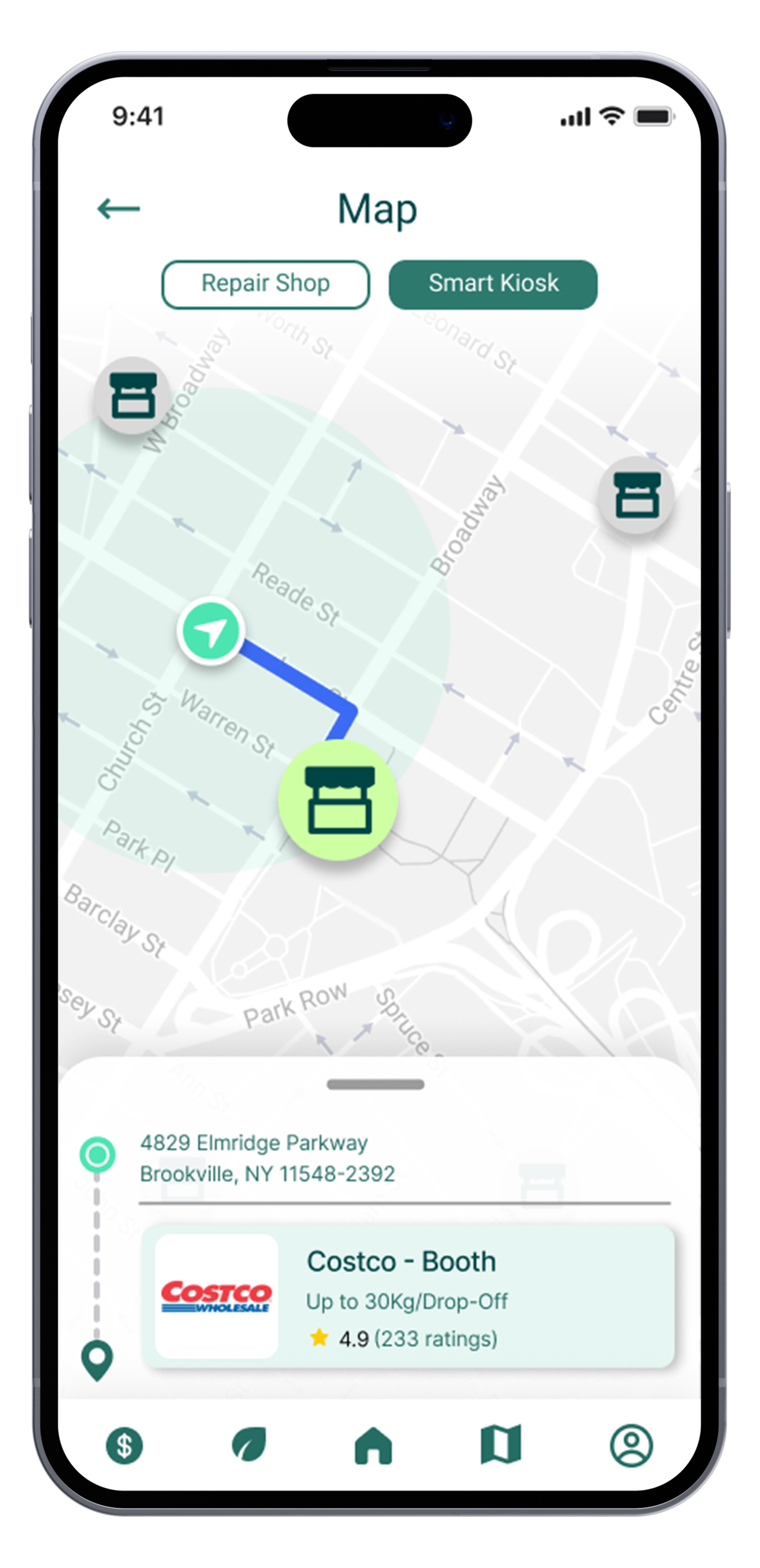 Smartphone screen displaying a map with a route to a Costco wholesale store located at 4829 Elmridge Parkway, Brookville, NY. The screen shows icons for repair shops and a smart kiosk, with navigation options at the bottom for currency, green thumbs, home, map, and user profile.