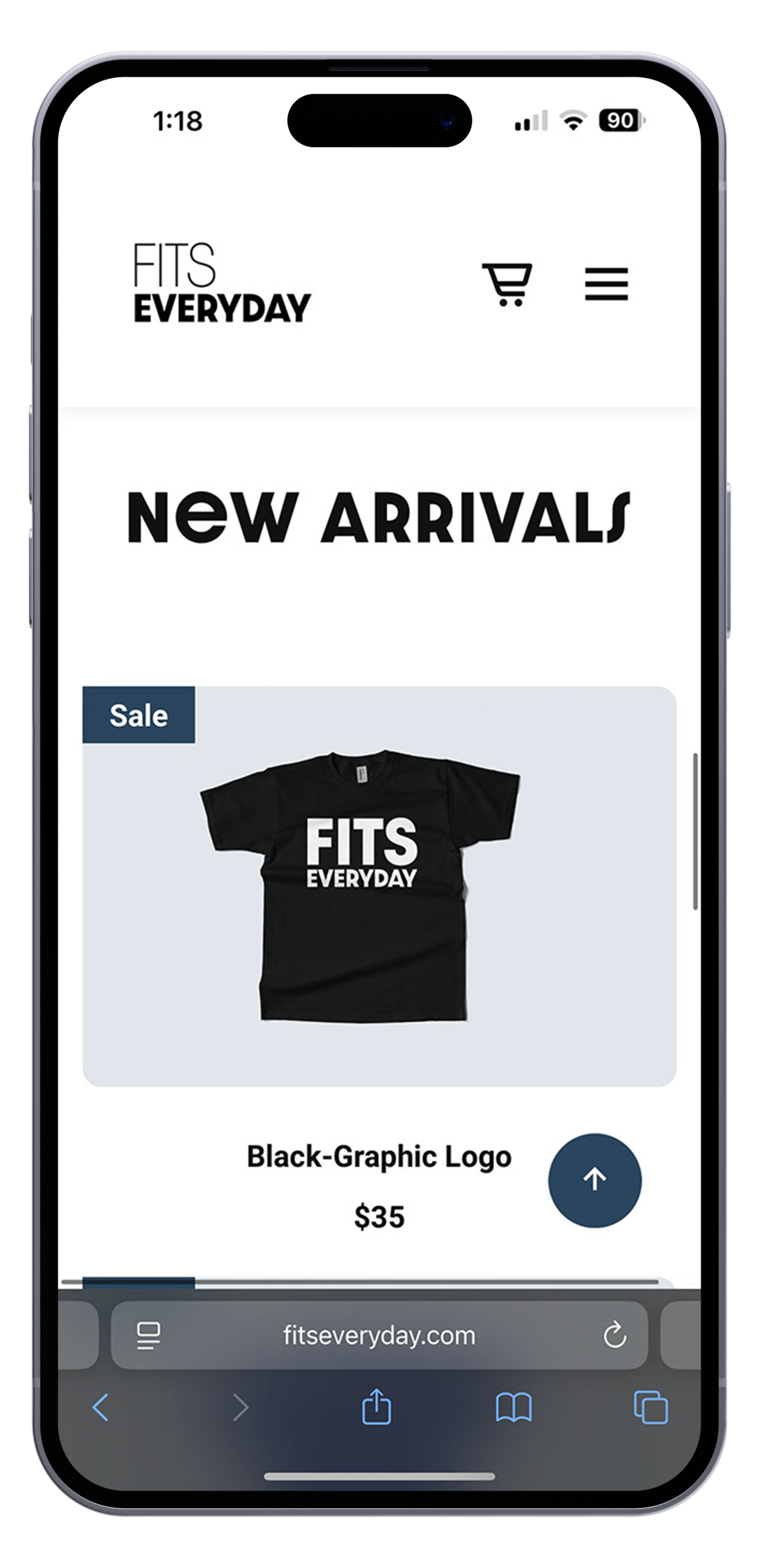 Product page of a black T-shirt with a white graphic logo that says 'FITS EVERYDAY,' priced at $35, on a smartphone screen.