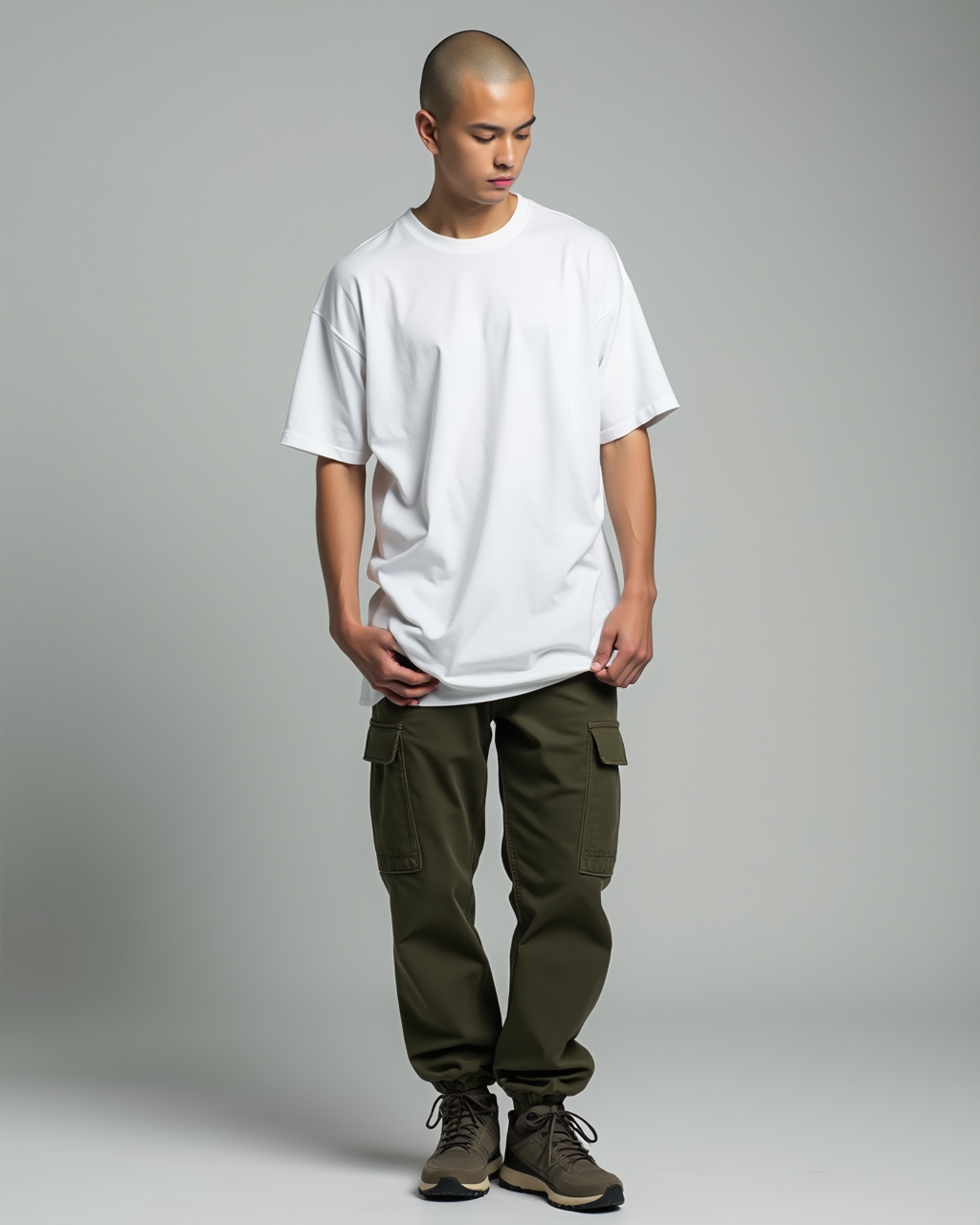 A young man with a shaved head wearing a loose white t-shirt, olive green cargo pants, and hiking shoes, standing against a plain gray background.