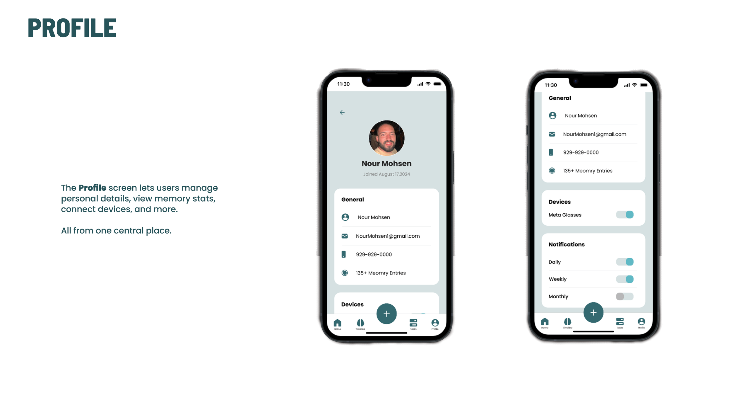 Screenshots of a mobile app's profile page displaying user information, settings for devices such as Meta Glasses, and notification preferences for daily, weekly, and monthly alerts.