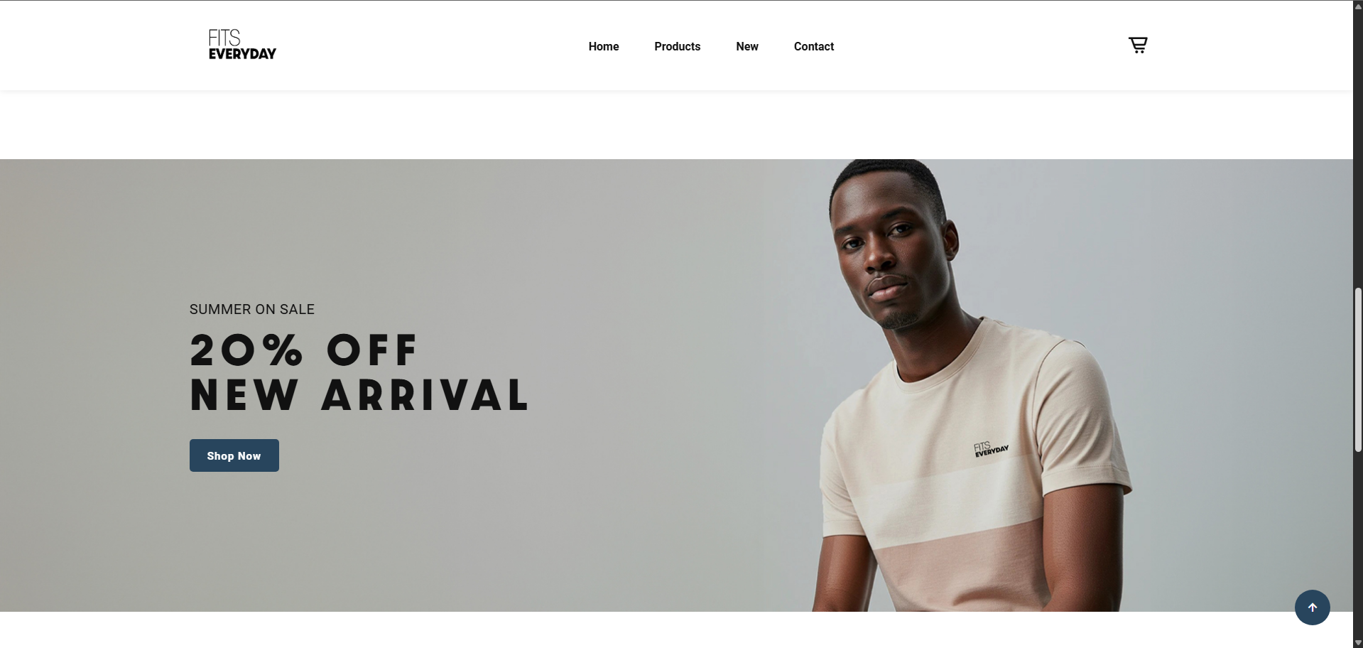 A man wearing a beige T-shirt with the text "FITS EVERYDAY" sitting against a plain background, advertising a summer sale with 20% off on new arrivals, and a "Shop Now" button.