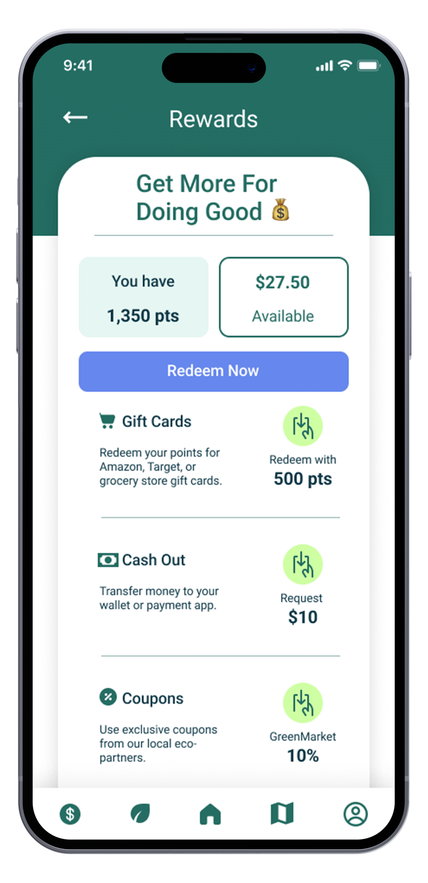 Mobile screen showing a rewards app with options to redeem points for gift cards, cash out, or coupons.