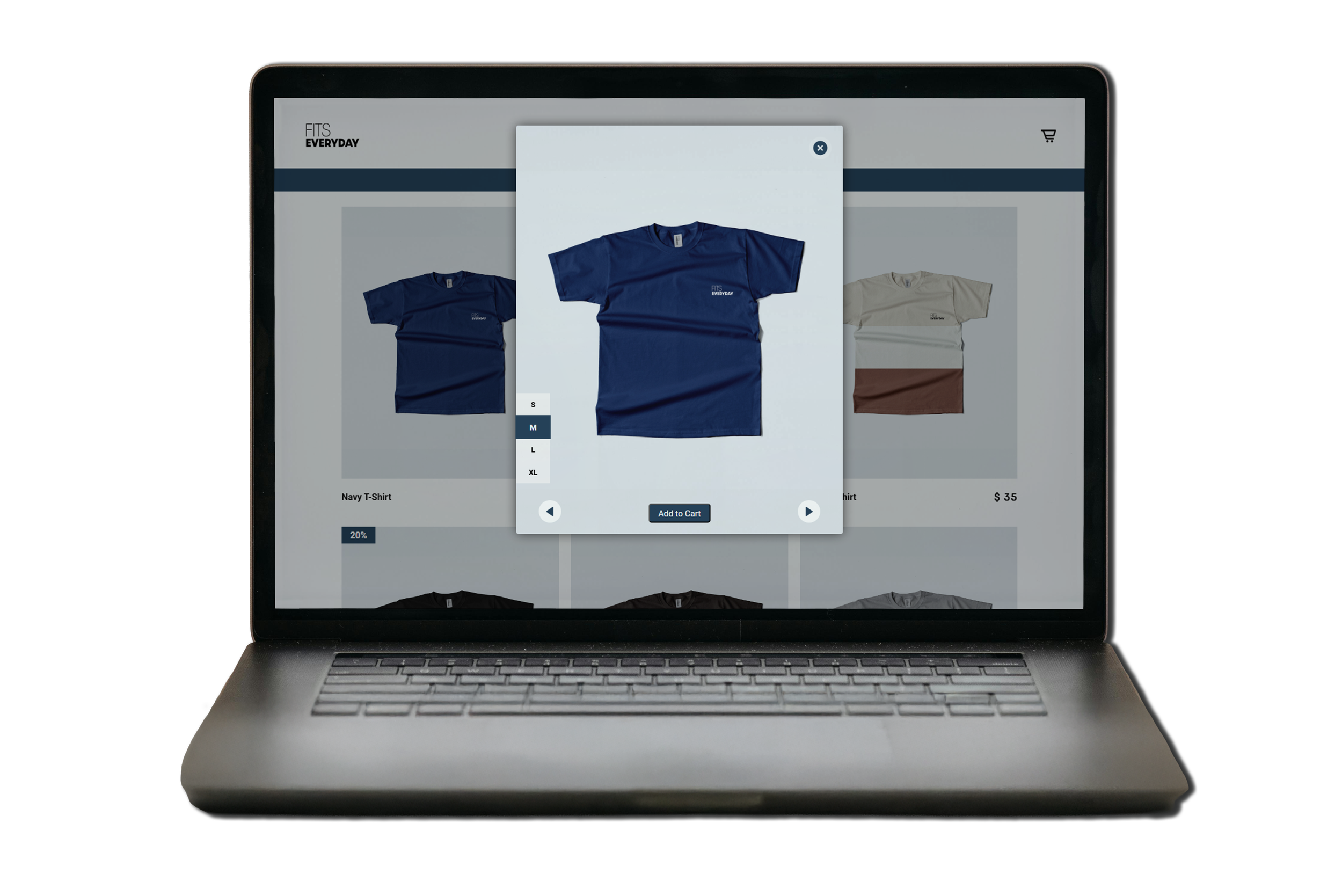 Laptop screen displaying an online shopping website with a pop-up window showing a blue T-shirt available in multiple sizes, with options to select size and add to cart.