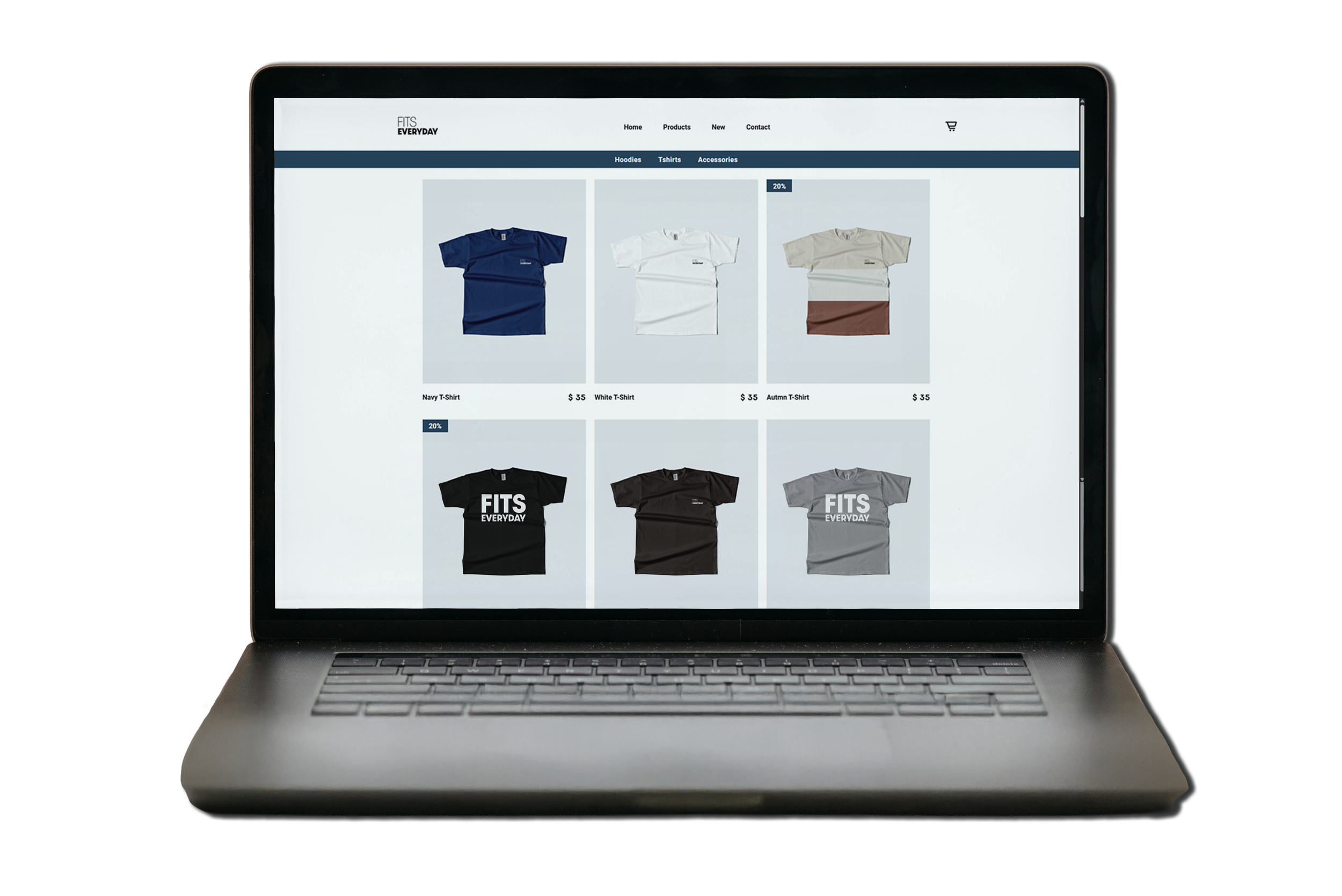 Laptop displaying online clothing store with six t-shirts in different colors and styles, some with discounts.