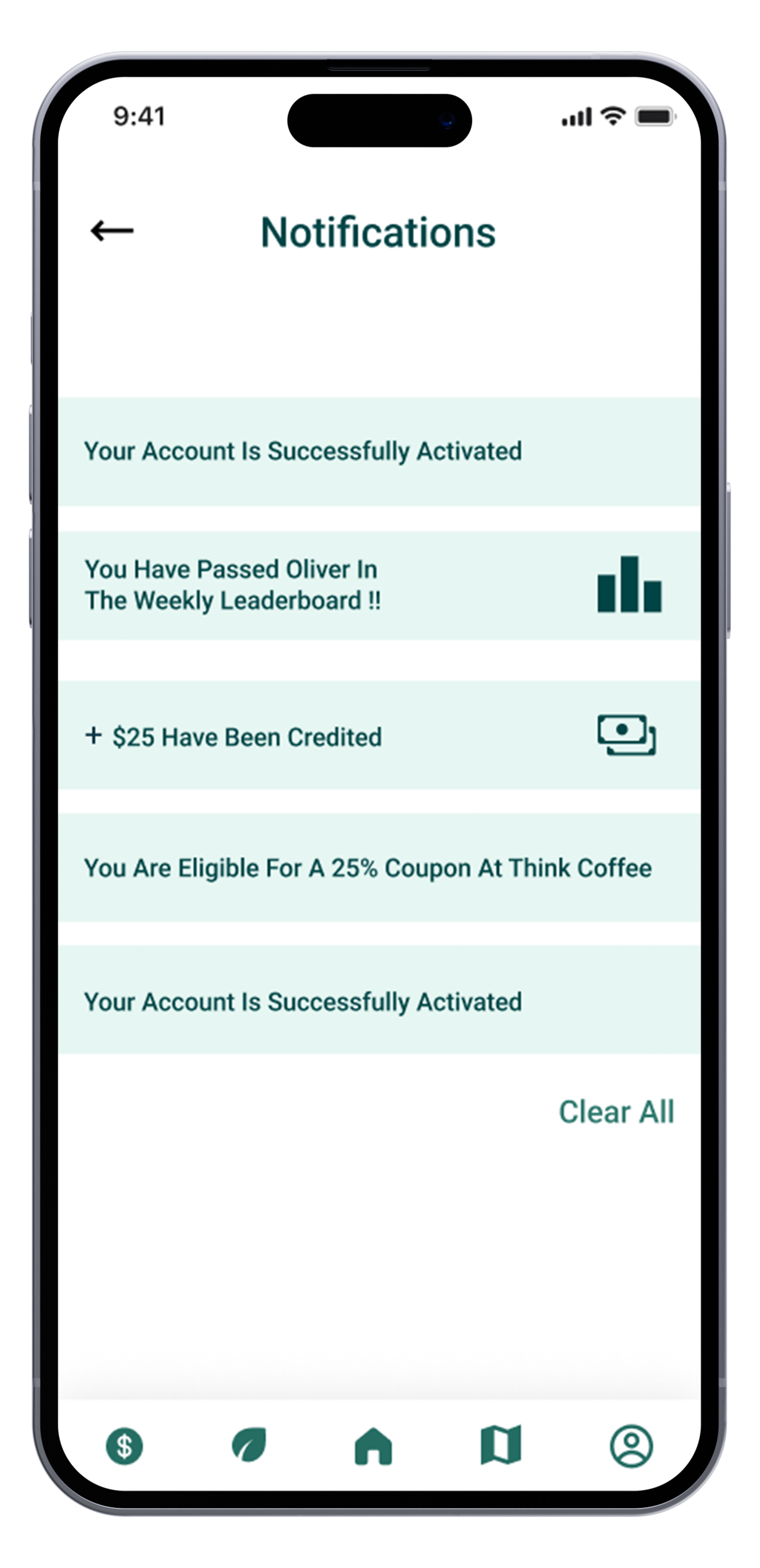 Smartphone screen displaying notifications including account activation, leaderboard achievement, credit receipt, coupon eligibility, and the option to clear notifications.