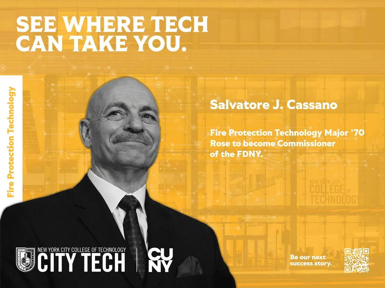 Black and white photograph of Salvatore J. Cassano, an older man with a bald head, mustache, wearing a dark suit and tie, with a confident expression, set against an orange background with text promoting New York City College of Technology and fire protection technology.