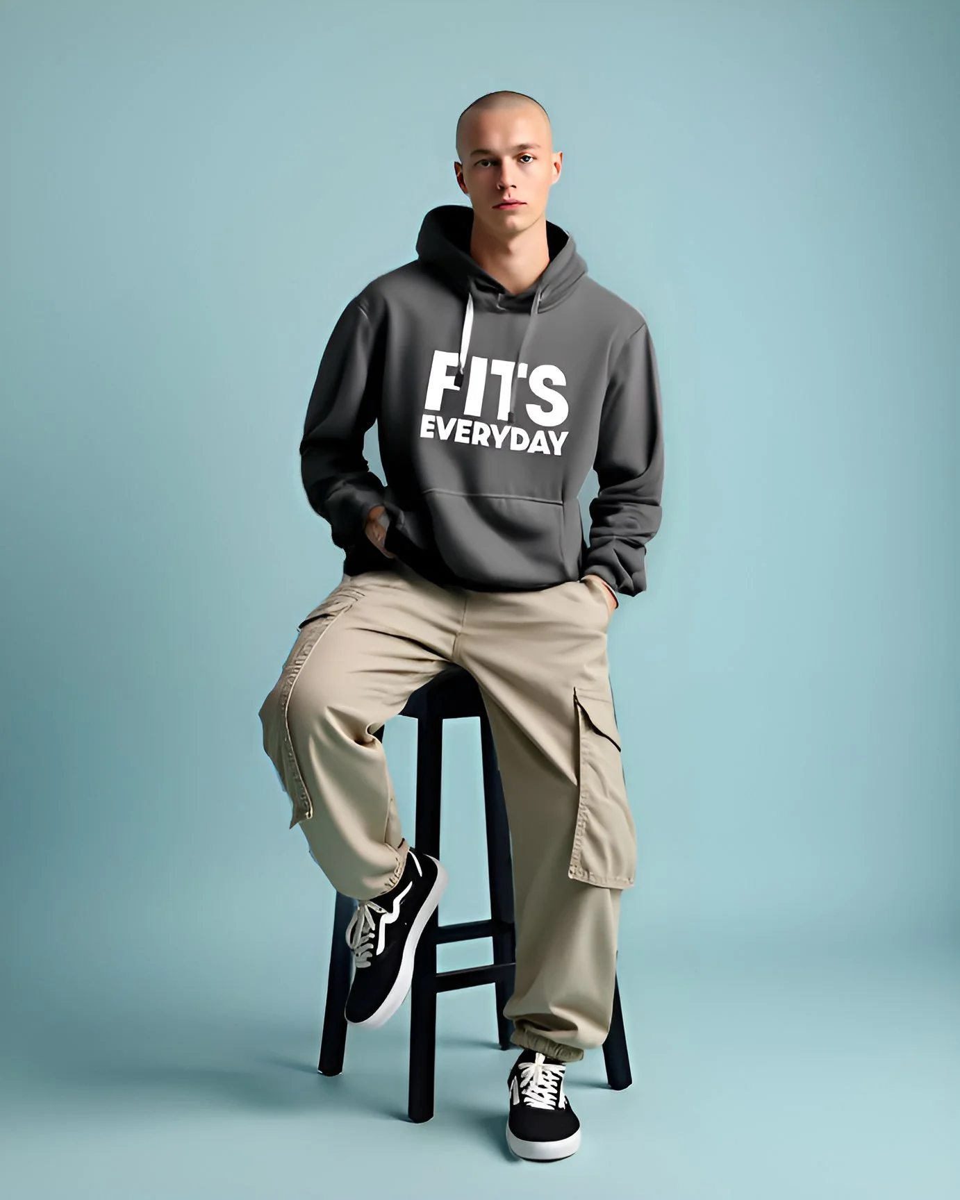 A young man sitting on a black stool against a plain light blue background. He is wearing a dark hoodie with white text that says 'FITS EVERYDAY,' beige cargo pants, and black sneakers with white soles.