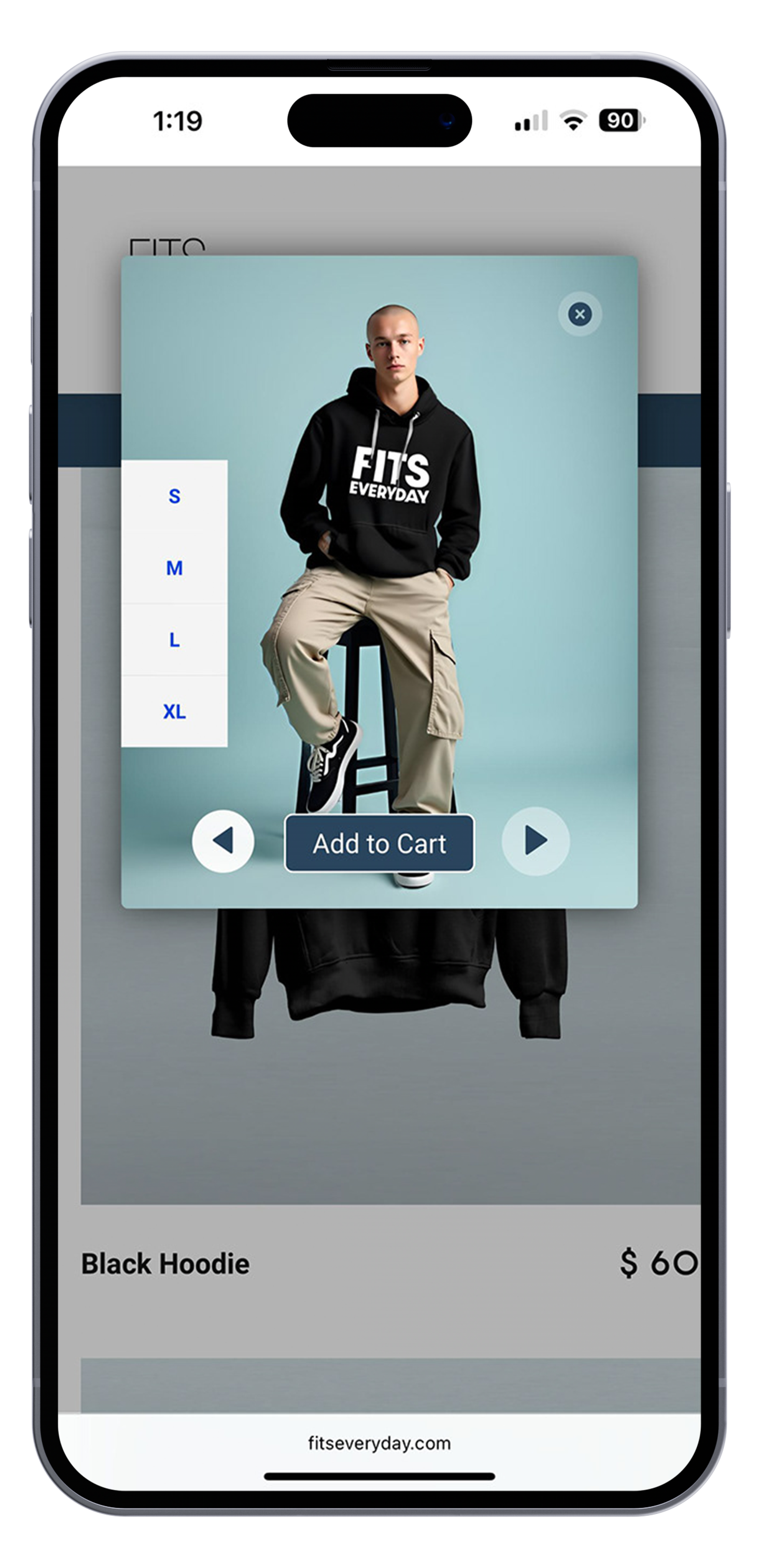 A mobile shopping app displaying a black hoodie with the text "FIT'S EVERYDAY" in white. The hoodie is being modeled by a person sitting on a stool. There are size options on the left and an "Add to Cart" button below. The product is named "Black Hoodie" and costs $60.