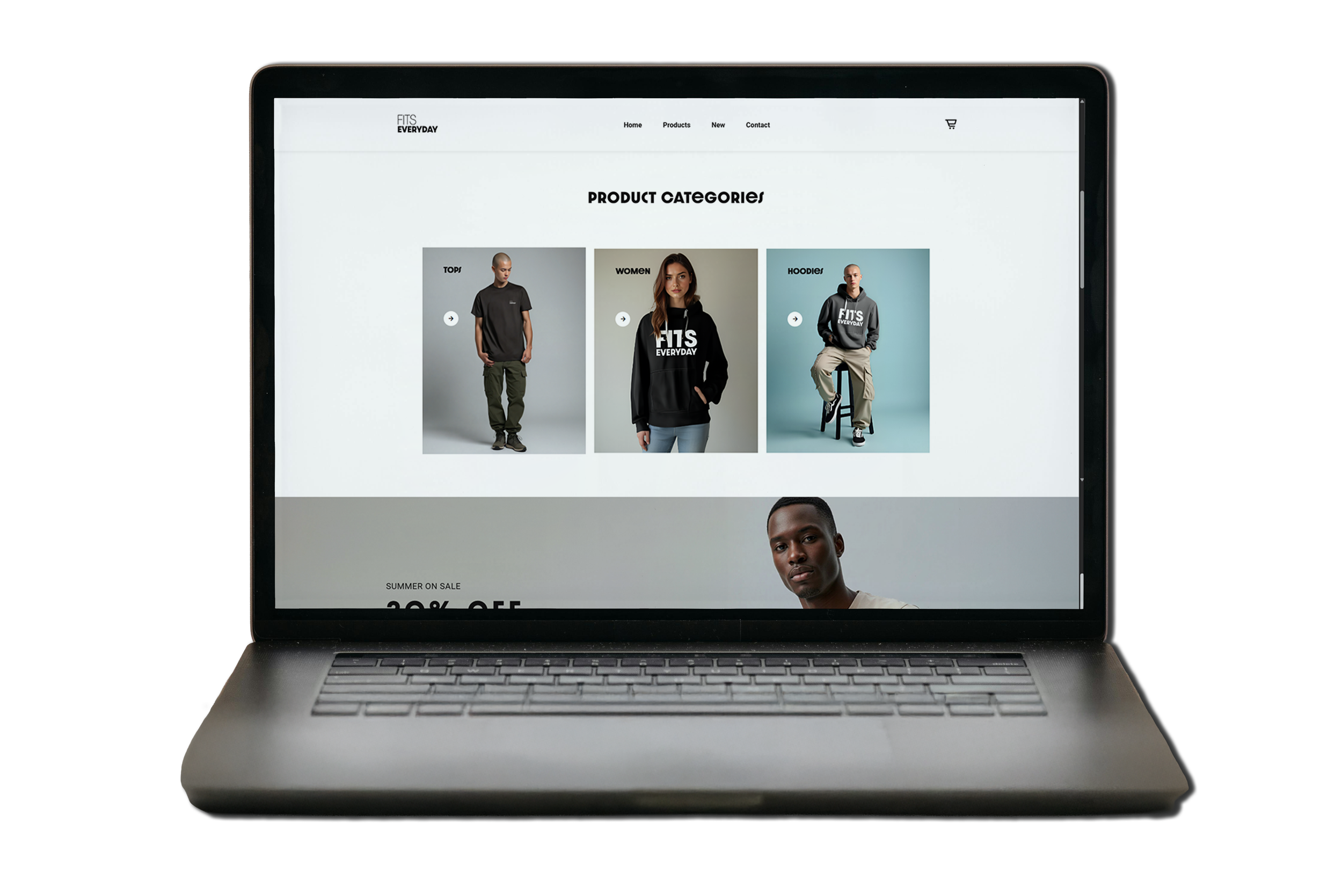 Laptop displaying an e-commerce website with product categories for men's, women's, and hoodies, featuring models in casual sportswear.