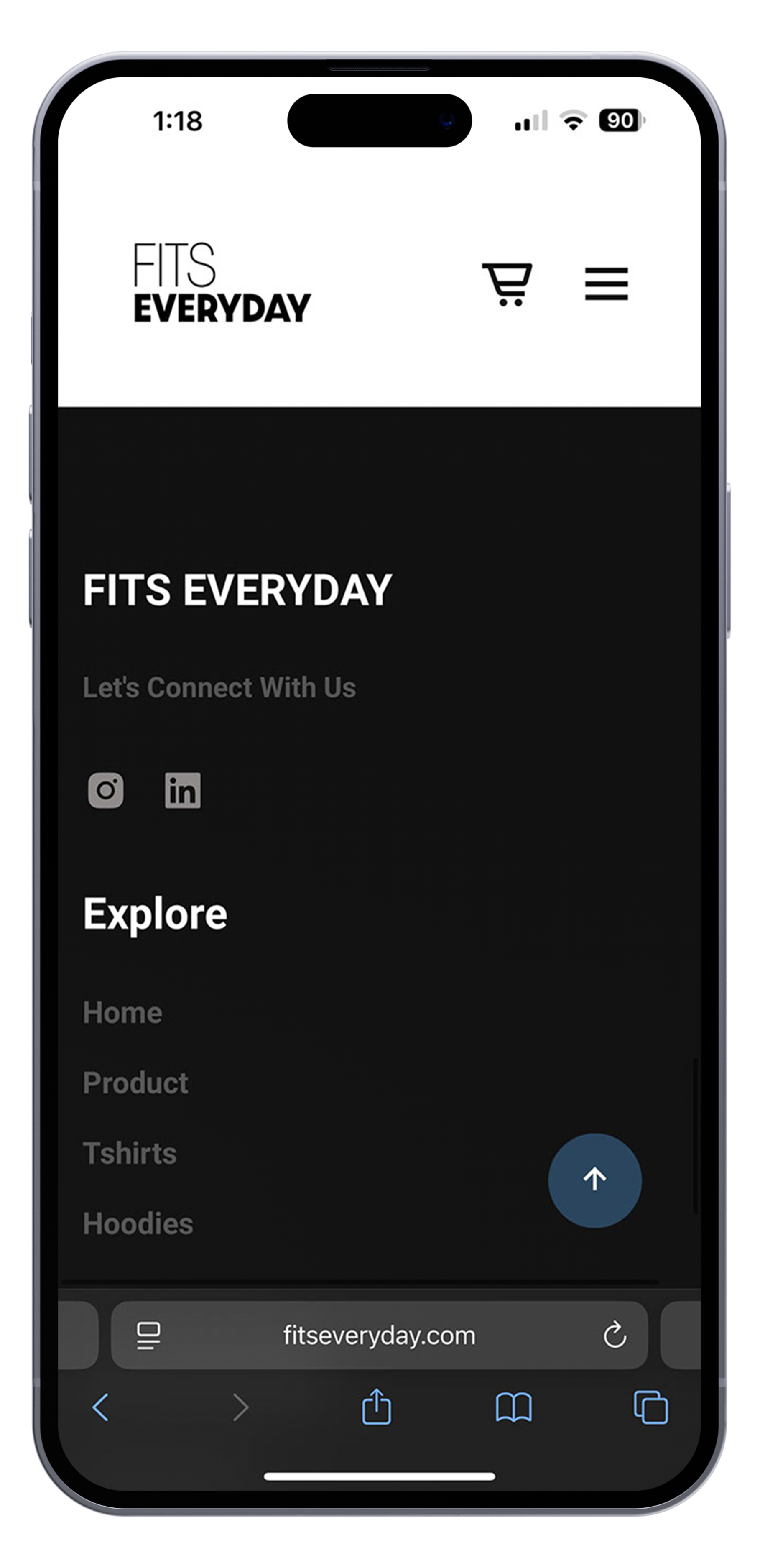 Screenshot of the mobile website fitseveryday.com displaying the homepage with navigation menu, social media icons, and sections for home, product, t-shirts, and hoodies.