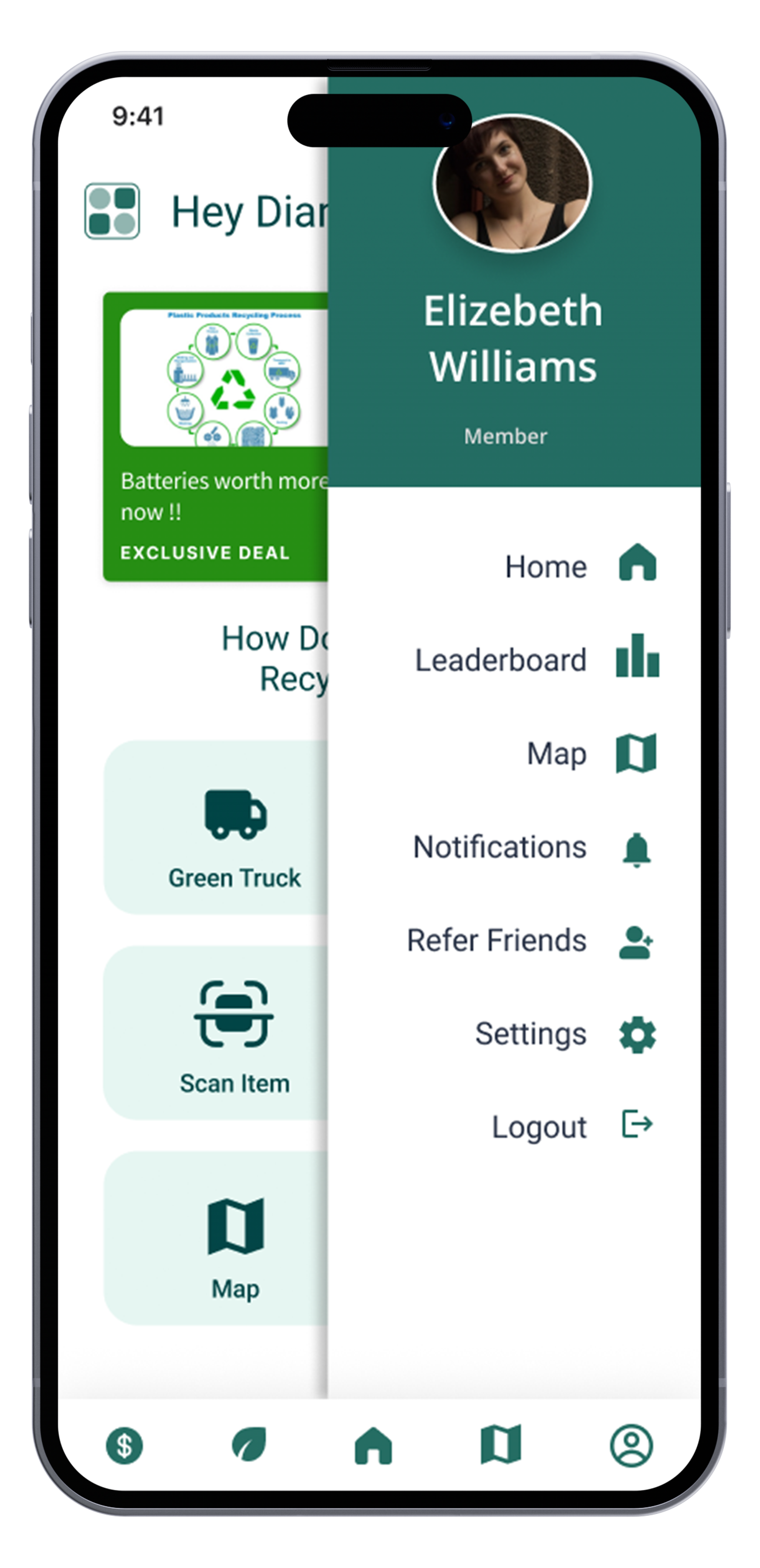 Mobile app interface showing a menu with user profile, home, leaderboard, map, notifications, refer friends, settings, and logout options. Part of the app's background displays recycling information and icons.