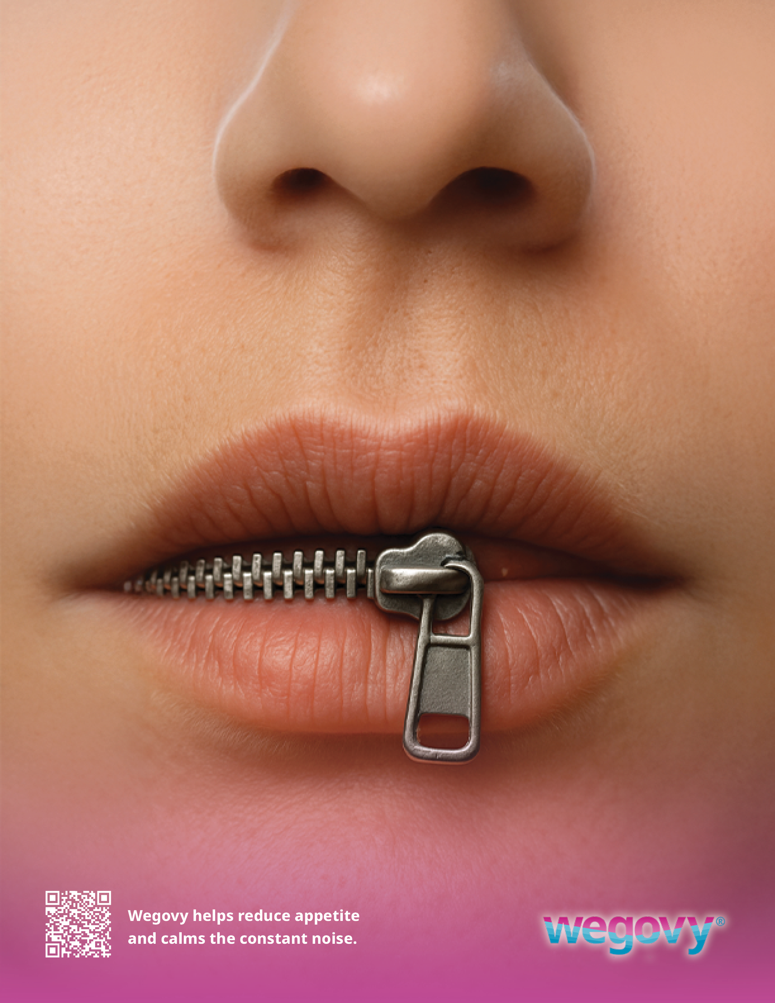Close-up of lips with a zipper closure on the mouth, with the zipper partially unzipped. Text on the bottom left reads 'Wegovy helps reduce appetite and calms the constant noise.' and on the bottom right is the Wegovy logo.