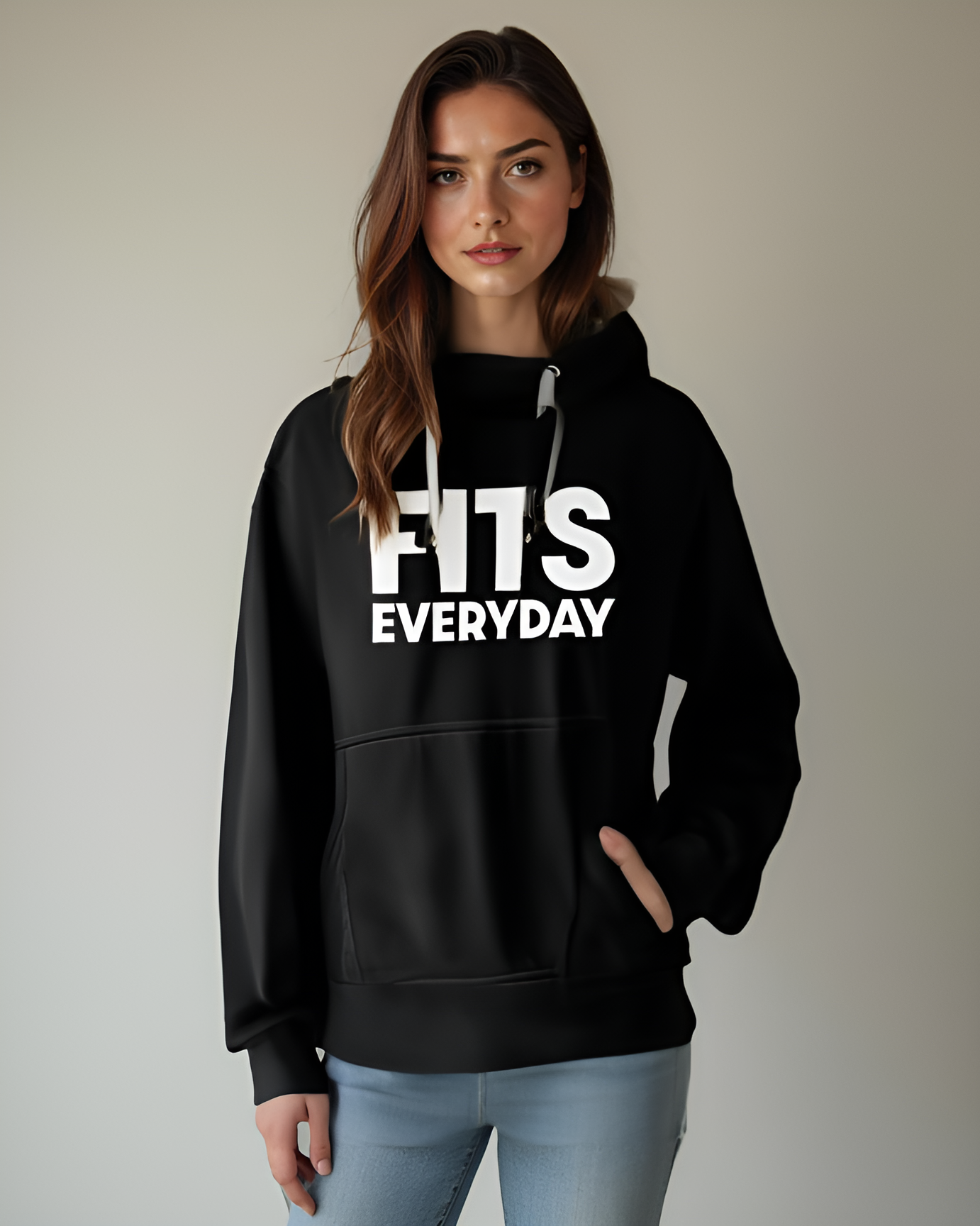 Young woman with long brown hair wearing a black hoodie with white text that reads 'FITS EVERYDAY' and light blue jeans.