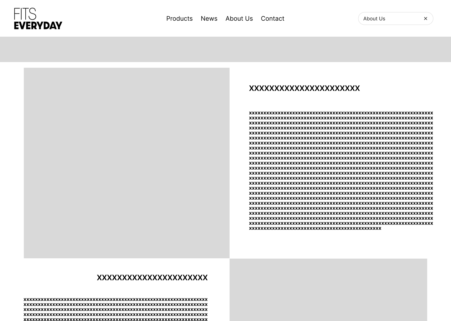 Website homepage for Fits Everyday featuring a menu, a header, and placeholder text sections.