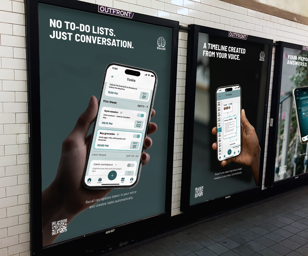 Three digital advertisement billboards outside a building, showing an app called Recall on a smartphone, emphasizing voice-activated task management and summarizing features like no to-do lists, just conversation, and a timeline created from voice.