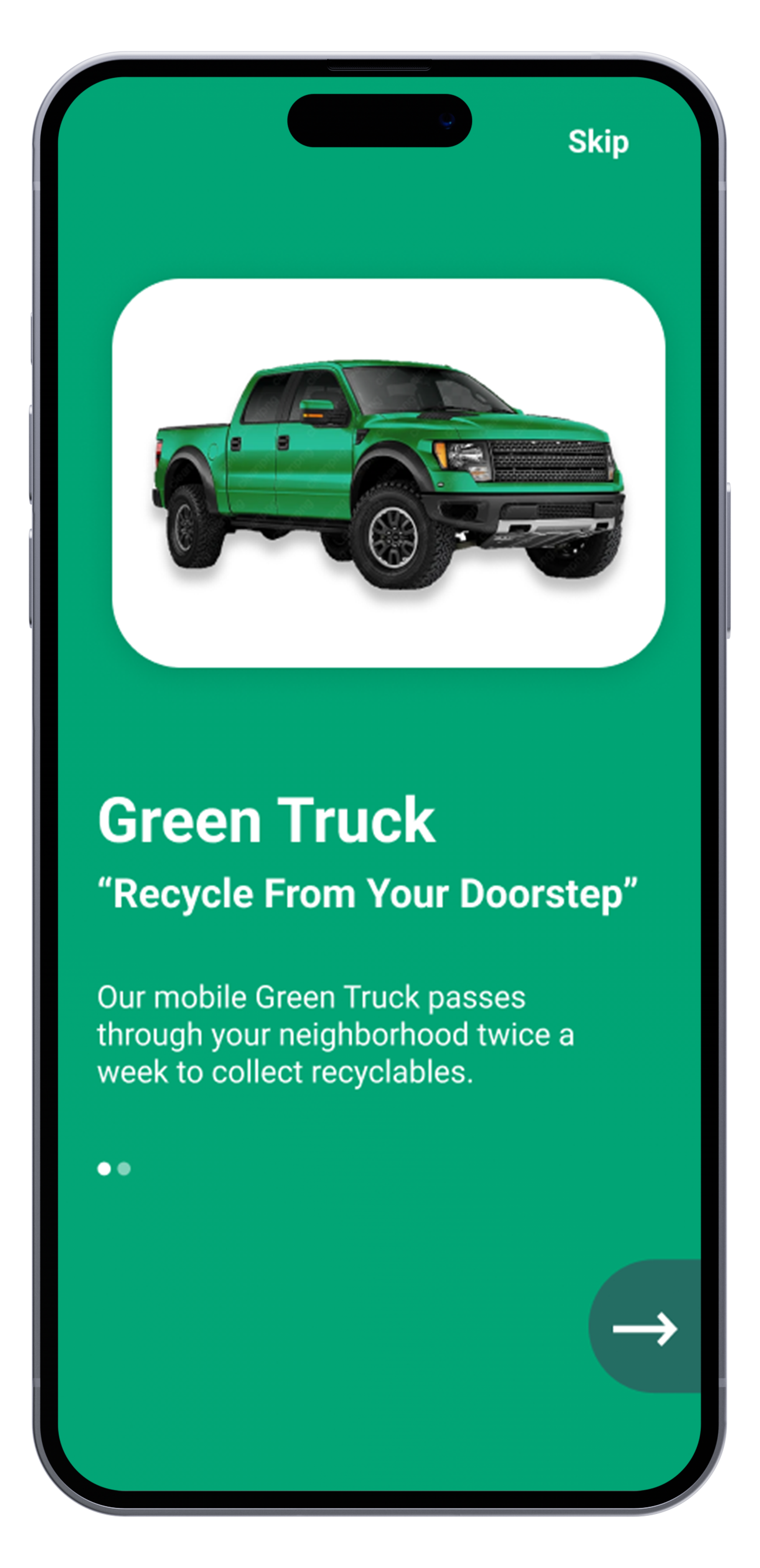 Smartphone screen displaying a mobile app with a green truck image and text about recycling and neighborhood collection.