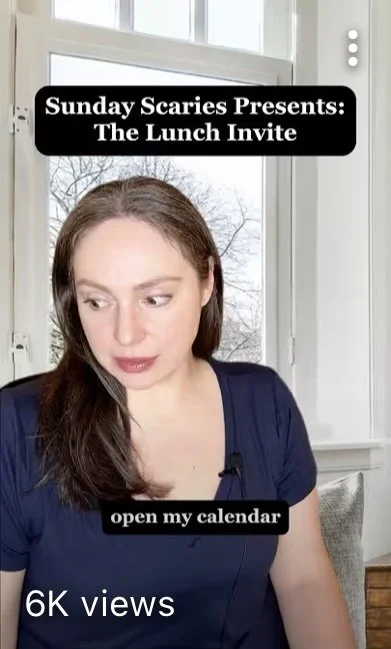 A woman with long brown hair wearing a navy blue shirt sitting by a window with a view of trees outside, with text overlay that says "Sunday Scaries Presents: The Lunch Invite" and "open my calendar" and a view count of 6,000.