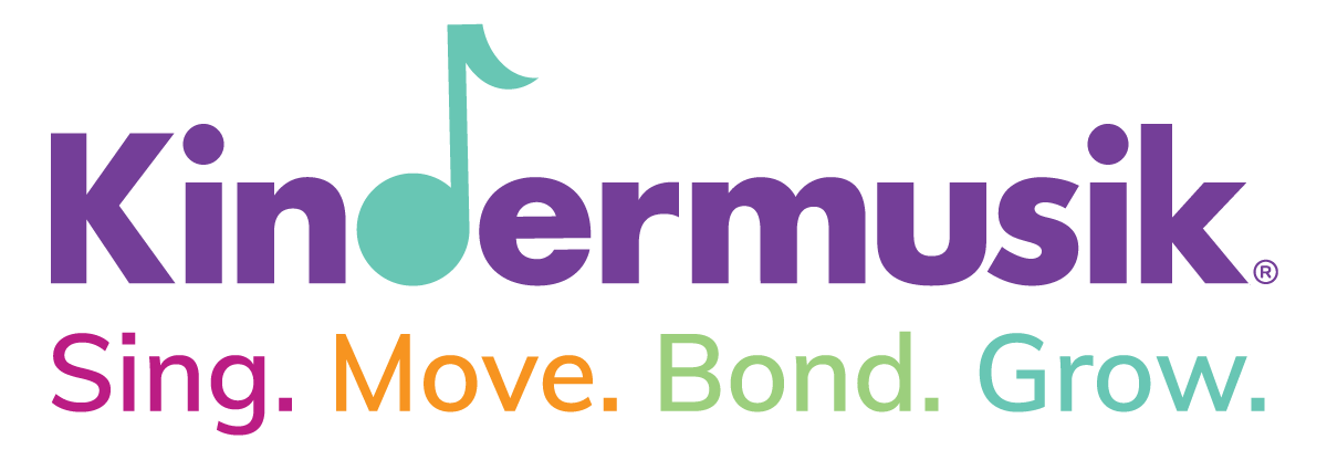 Kindermusik logo featuring purple text, a musical note, and the words Sing, Move, Bond, Grow in different colors.
