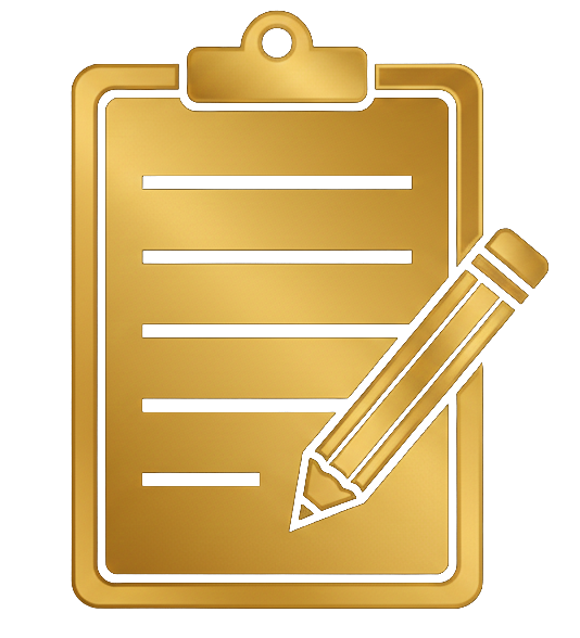 Gold clipboard with a sheet of paper and a pencil.