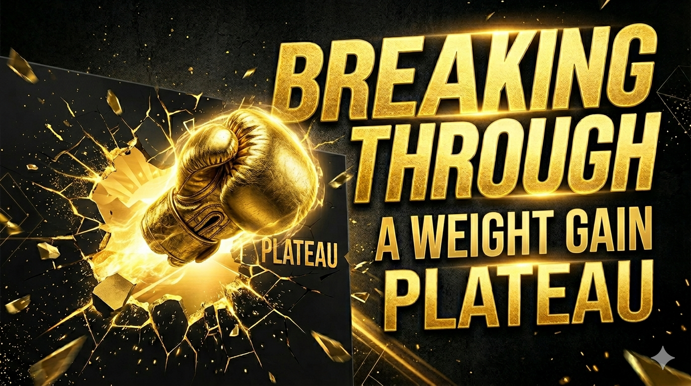 Golden boxing glove punching through a black wall with golden fragments flying, and bold yellow and gold text reading 'Breaking Through a Weight Gain Plateau' with the word 'Plateau' in smaller font.