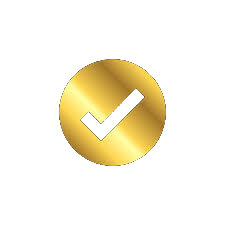 Close-up of a gold checkmark medal with a blue ribbon against a black background.