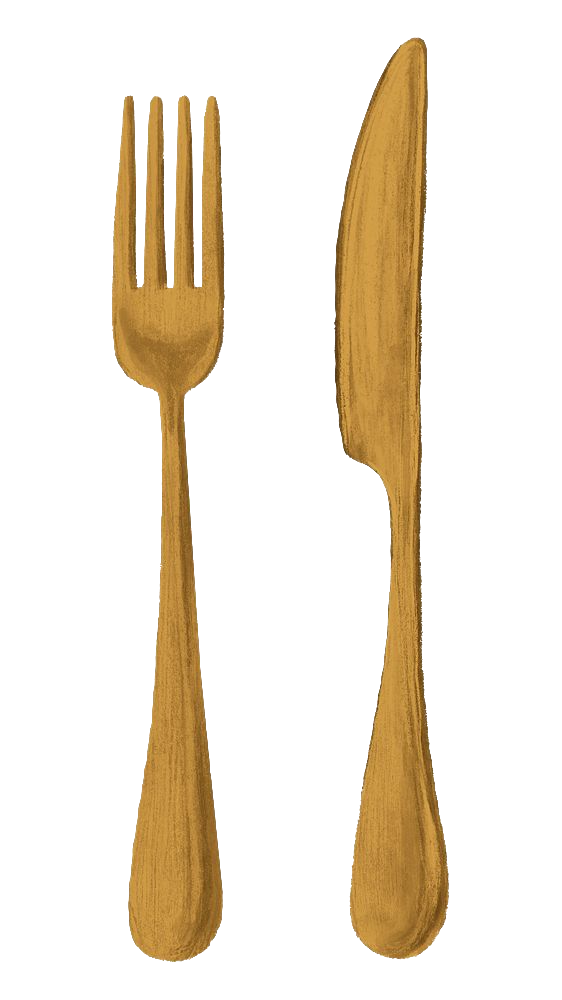 A wooden fork and knife set with a gold finish, positioned vertically against a plain background.