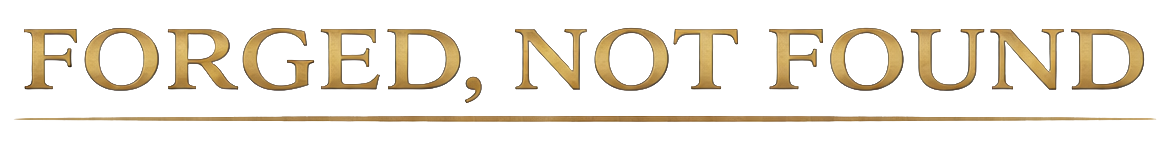 Text reads 'FORGED, NOT FOUND' in large, metallic, three-dimensional letters.