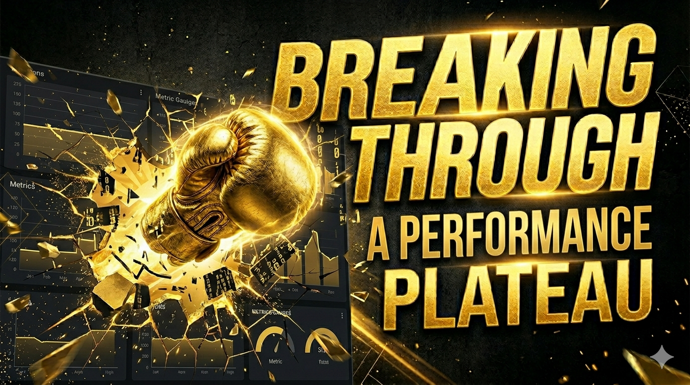 A golden boxing glove punches through a digital performance dashboard display, shattering the screen and sending glass shards flying. The text 'Breaking Through a Performance Plateau' appears in large, bold, gold letters.