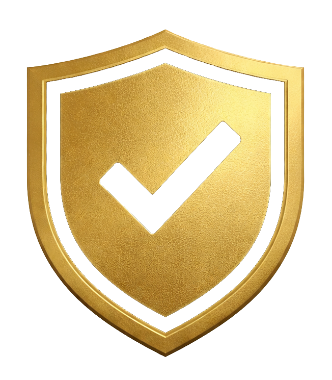 Gold shield emblem with a checkmark in the center, symbolizing security or protection.