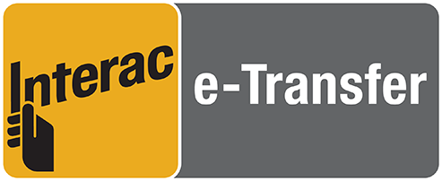 Interac e-Transfer logo with black hand icon on yellow background and white text on gray background